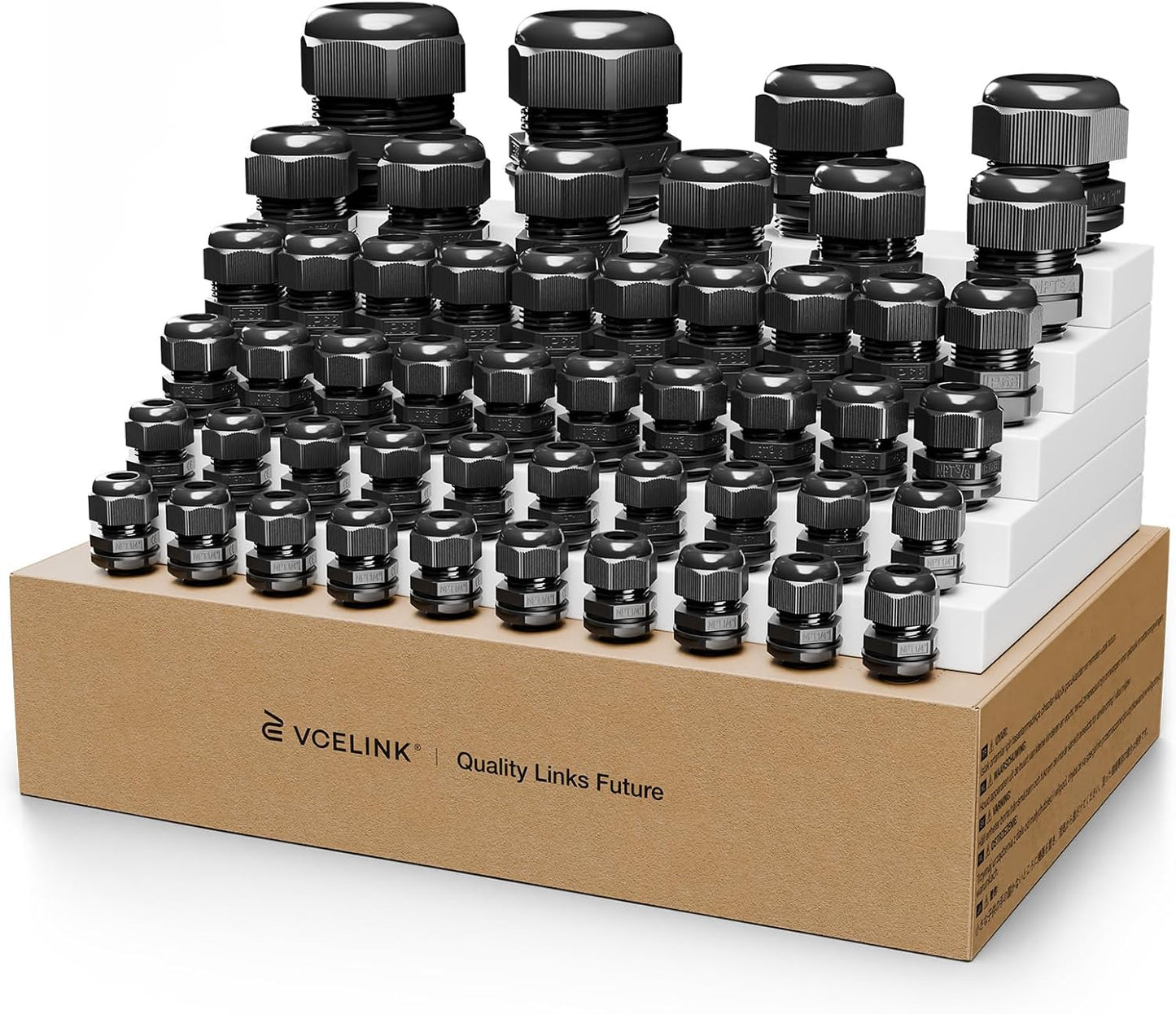 VCELINK Cable Gland Kit Nylon Waterproof, 50pcs IP68 Cord Grip Connectors, NPT1/4", 1/2", 3/4", 1", 1-1/4" Wire Entry, Strain Relief Wire Grommets, Black