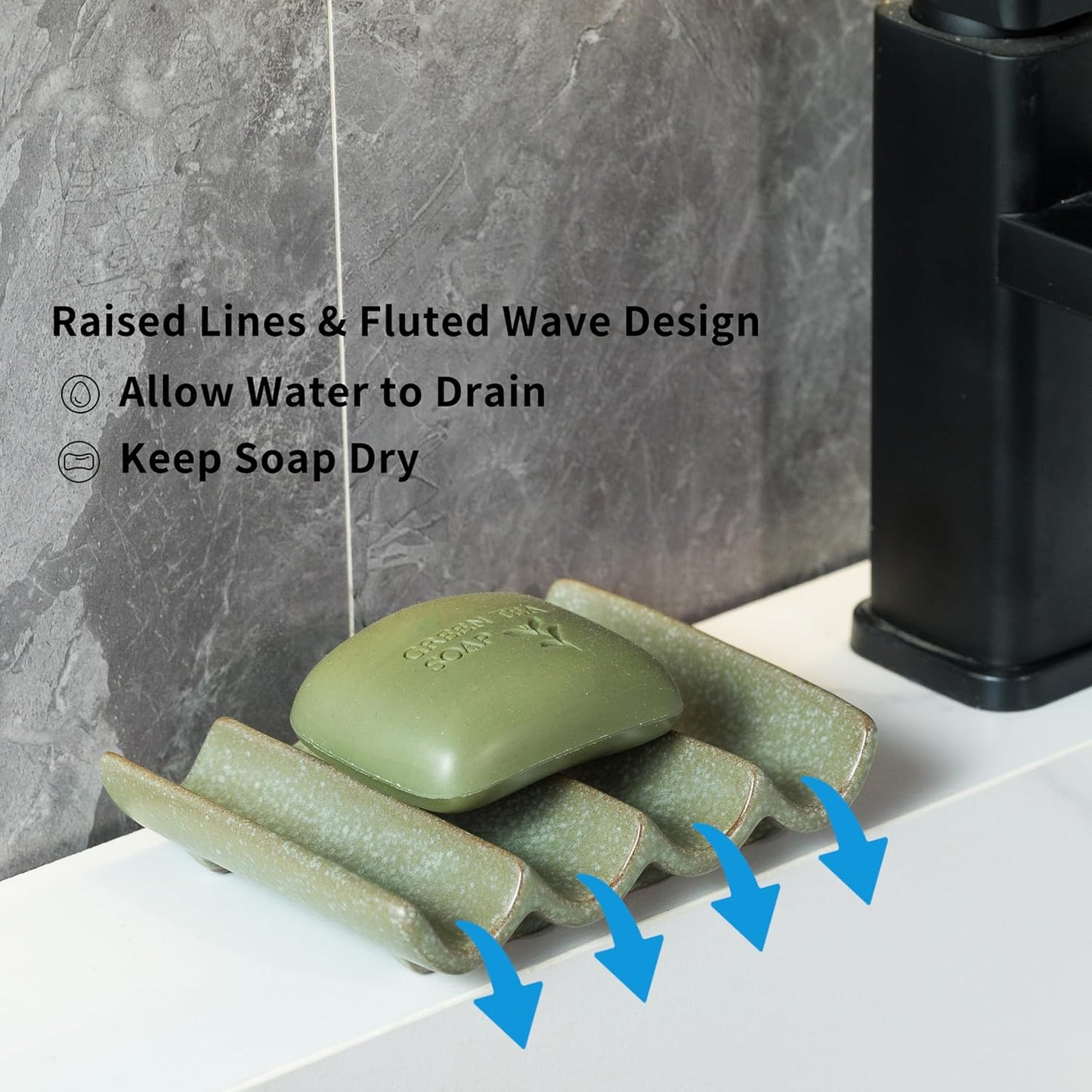 Draining Ceramic Soap Dish - Fluted Design, Bar Soap Holder for Shower & Bathroom, Soap Saver Sponge Lift, Green