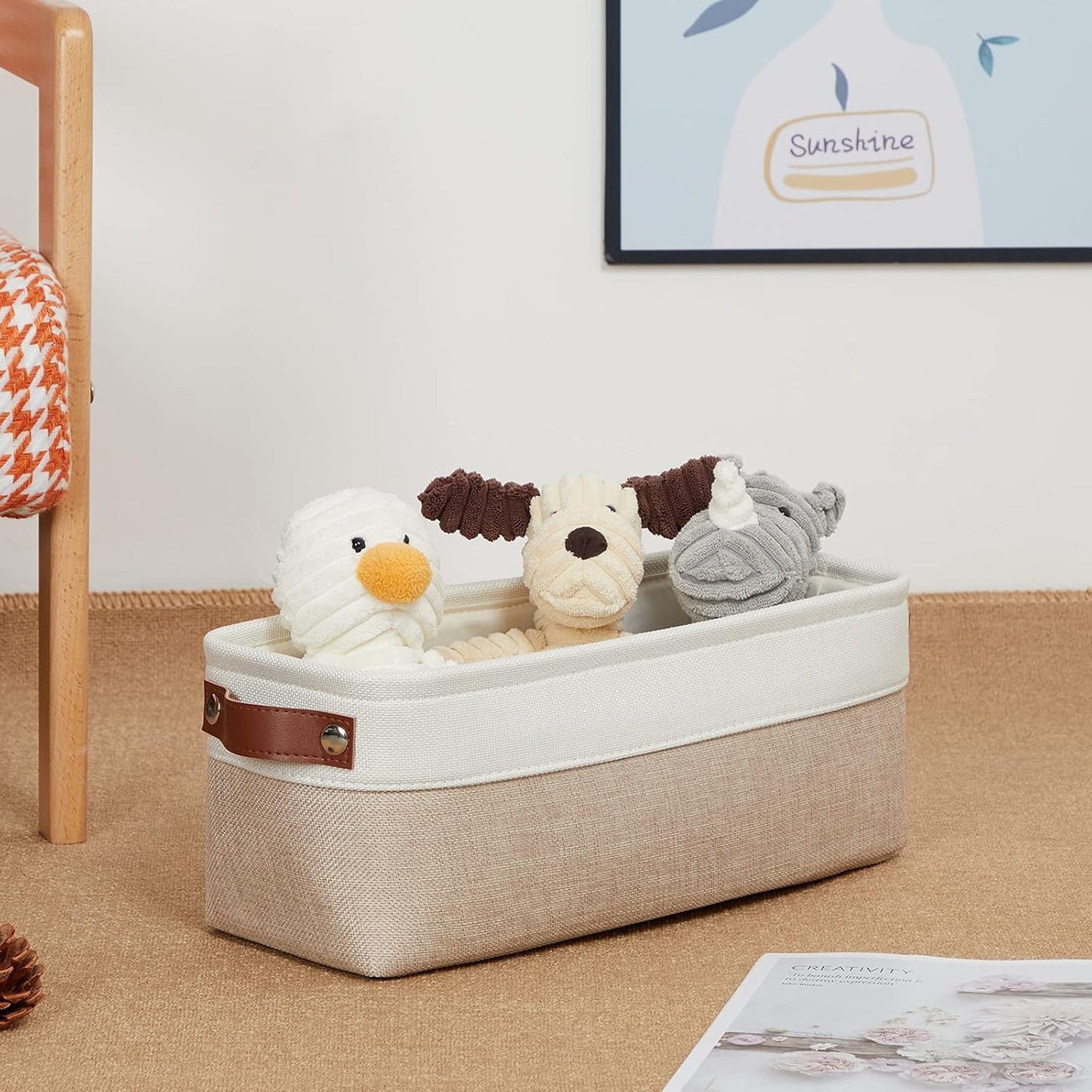 DULLEMELO 2-Pack Bathroom Baskets for Toilet, Small Storage Bins for Organizing Closets, Cabinets, Shelves, Canvas Fabric Storage Basket Bins With Leather Handles for Empty Gift Basket (White&Khaki)