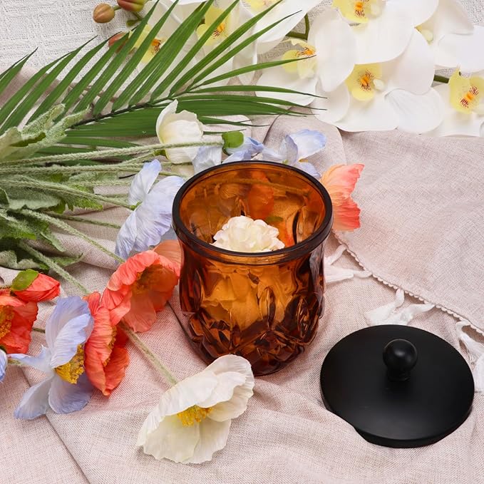 Qtip Holder,10 Oz Amber Glass Apothecary Jars with Matte Black Lids for Bathroom Organization & Desk Storage,Thick Glass Apothecary Jars for Q-Tips,Cotton Rounds, Jewelry,Candy,Round