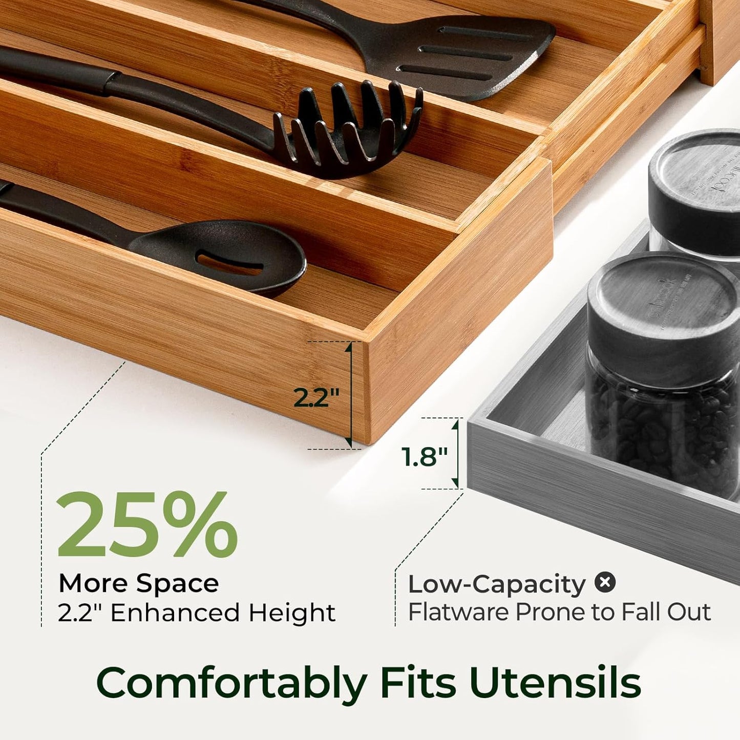 Carbonized Bamboo Kitchen Drawer Organizer, 5 Slots Expandable Silverware Organizer, Utensil Holder & Cutlery Tray, 2.2" Deep for Extra Capacity, Non-Slip Feet Included
