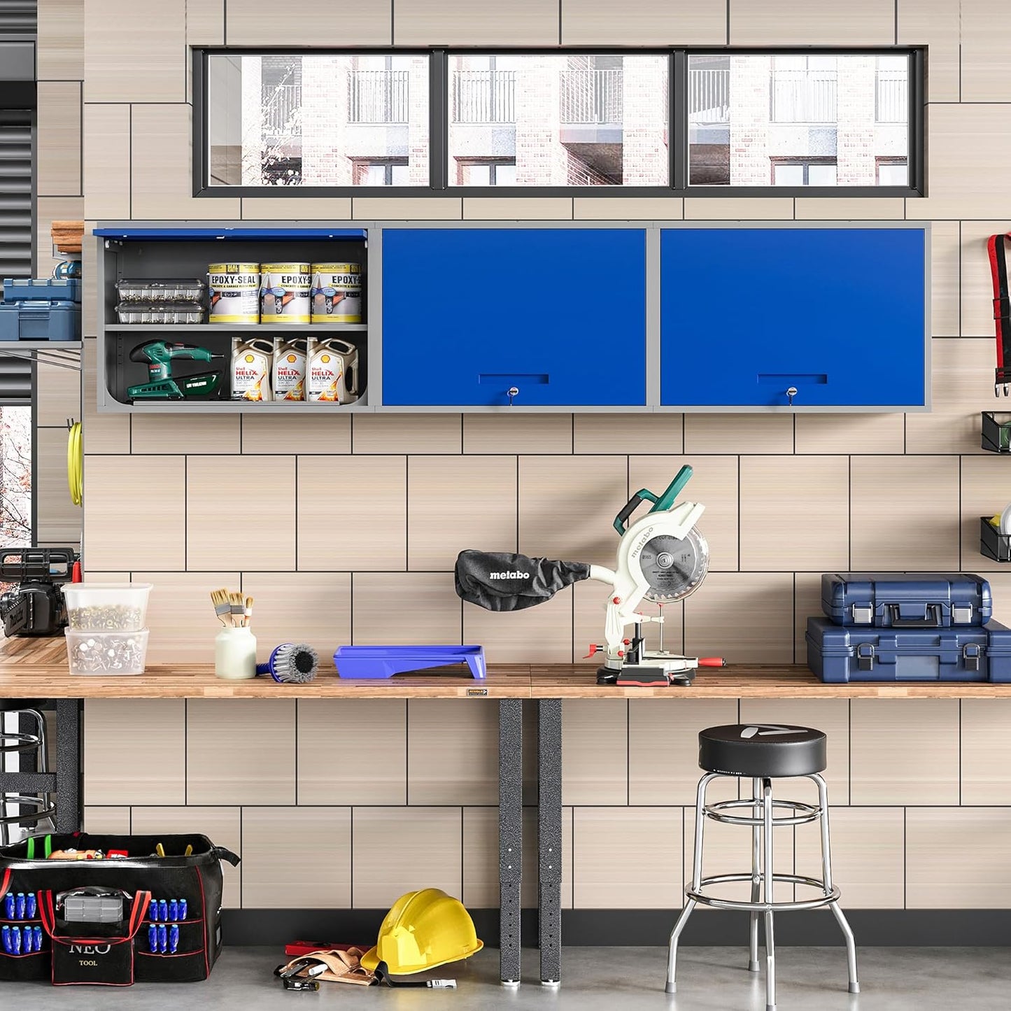 Metal Wall Cabinet with Locking Door and Shelf, Hanging Garage Cabinets with Up-Flip Doors for Garage, Warehouse, Home, Office, Assembly Required (Grey Blue, One Cabinet)