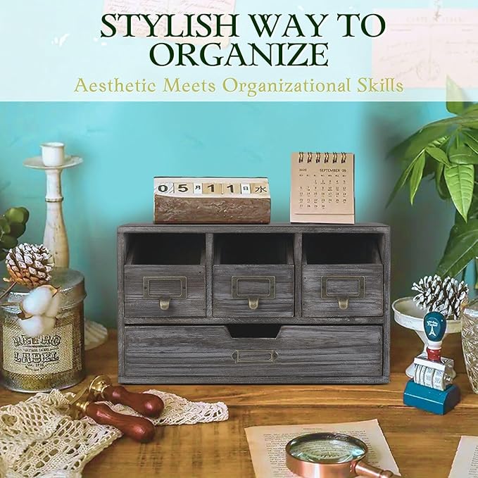Flexzion Apothecary Cabinet with 4 Drawers - Vintage Rustic Wood Desktop Organizer for Home & Office Supplies - Tabletop Wooden Storage for Catalog, Card, Jewelry, Makeup, Craft & Tools