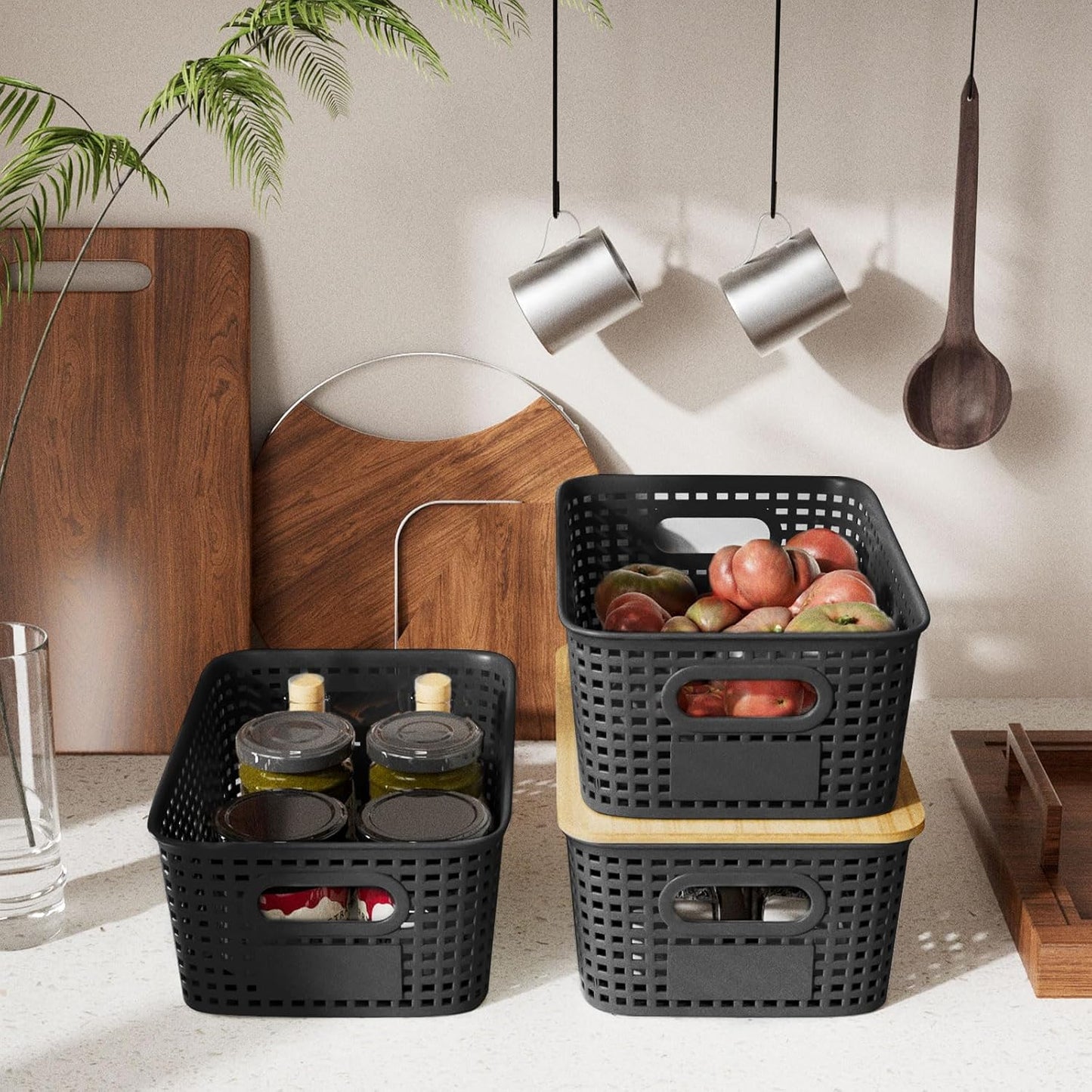 Plastic Storage Bins with Bamboo Lid - Plastic Storage Baskets with Lid - Stackable Container with Lable for Organizing: Small Storage Box for Shelves Office Cabinet Drawer ,10x7.2x4 In - Black 6 Pcs