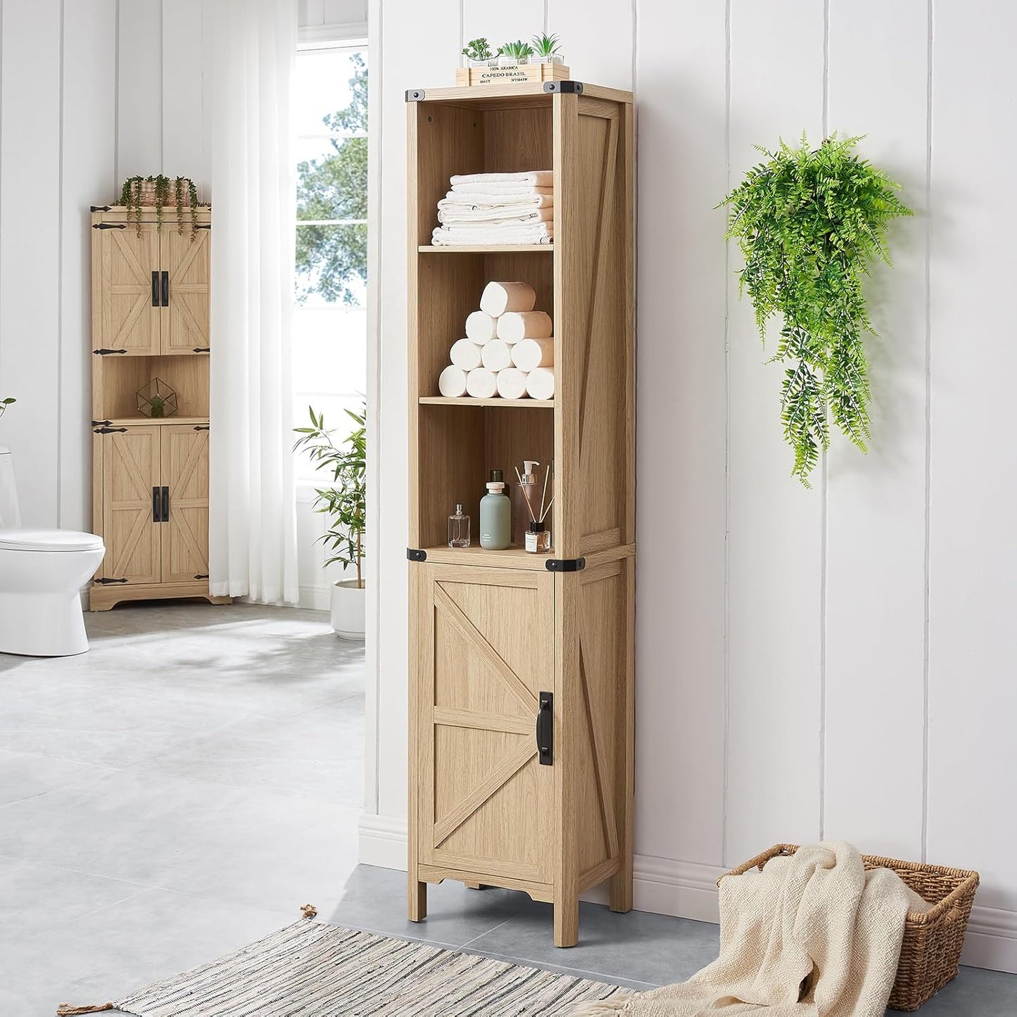 Bathroom Storage Cabinet, 5-Shelf Farmhouse Storage Cabinet with Barn Door&Adjustable Shelves, Bathroom Organizer for Living Room, Kitchen (Natural Oak)