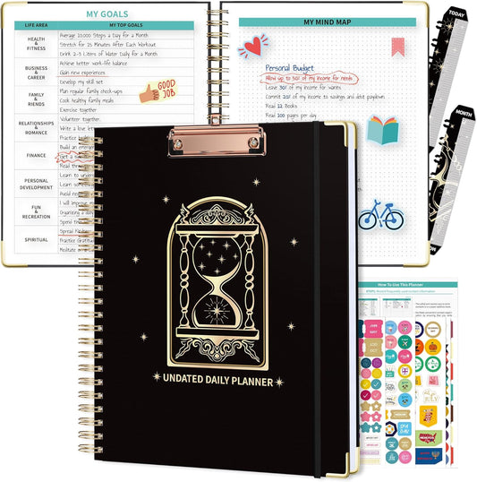 Ospelelf Spiral Bound Undated Daily Weekly Monthly Student Planner 2025 - Black Hourly Work Planner, Hardcover, 8.5 x 11