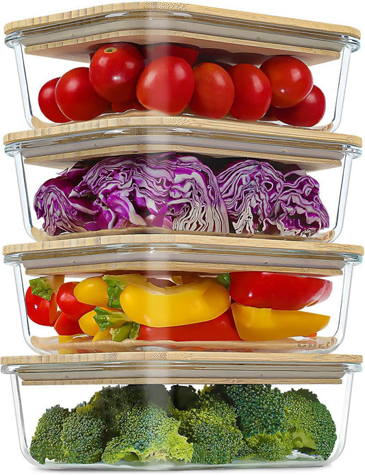 Urban Green Glass Containers with Bamboo Lids, Bamboo Meal Prep Storage Containers with Lids, Oven, Freezer, Microwave Safe, Pack of 4, 35oz