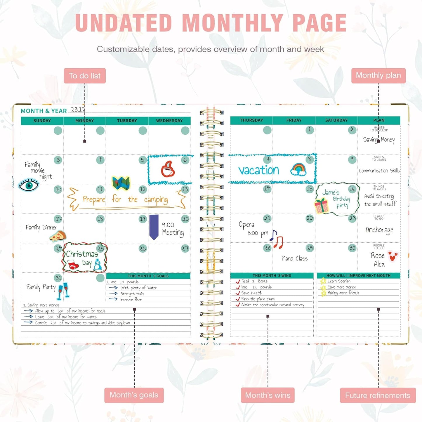 Ospelelf Undated Spiral Bound Planner 2025 2026 Daily, Weekly and Monthly Planners, Pink Teacher Planner 12 Month 8.5 x 11