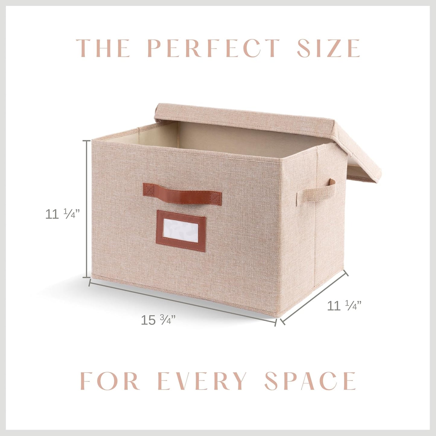 3 Pack Large Fabric Storage Box with Lid - Decorative Bin with Lid, Label Holder, Faux Handles - Large Decorative Storage Boxes with Lids for Organizing Clothes, Blankets - Oatmeal