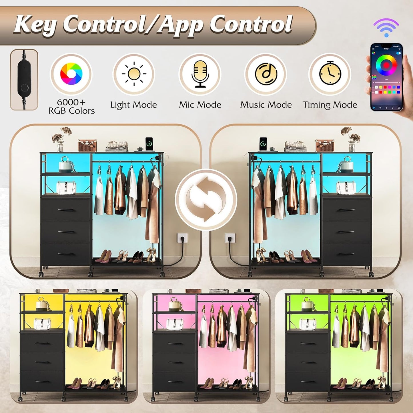 WLIVE 42''W Black Dresser for Bedroom with Hanging Rack, 3 Drawer Dresser with LED Lights & Charging Station, Fabric Dressers & Chest of Drawers, Storage Organizer with Open Shelves for Living Room