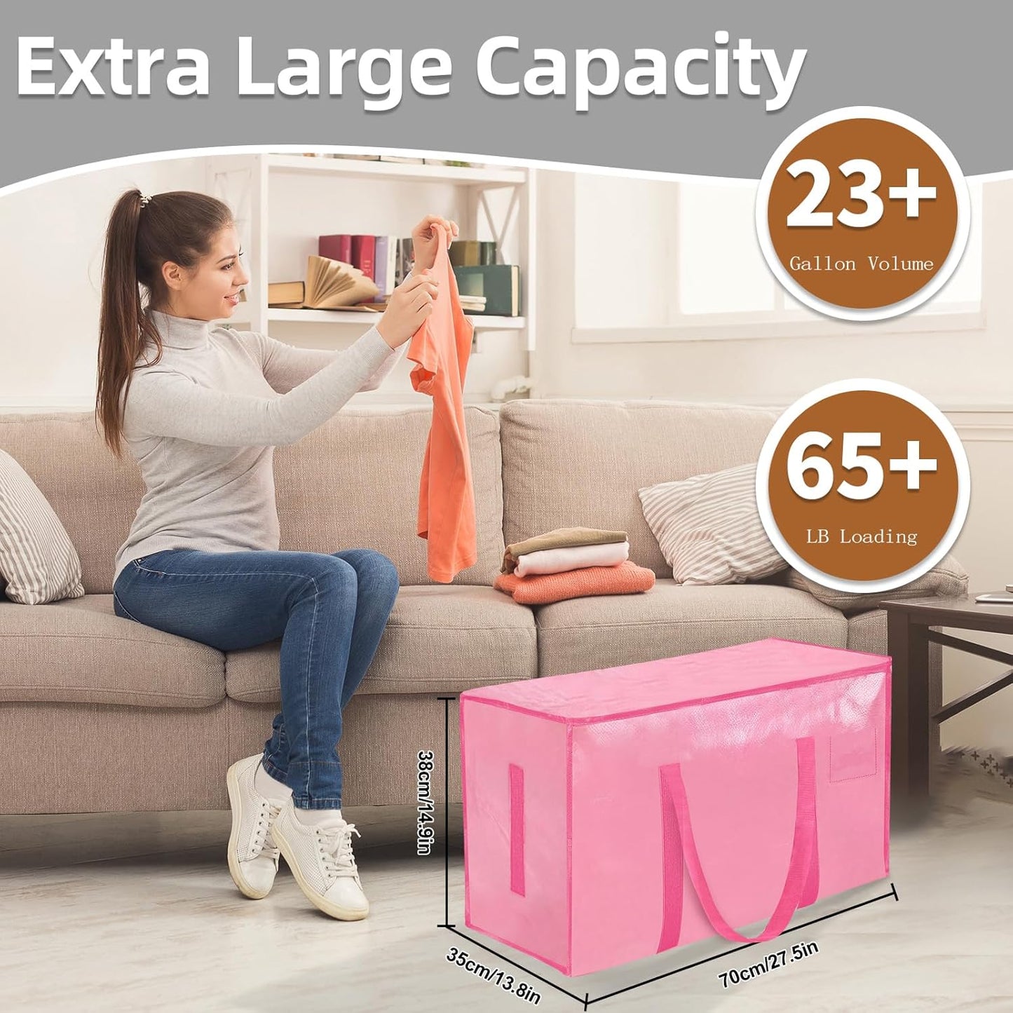 8 Pack-Extra Large Heavy Duty Moving Bags - Waterproof Storage Totes with Handles & Zippers, Foldable for College Dorm, Storage (Pink)