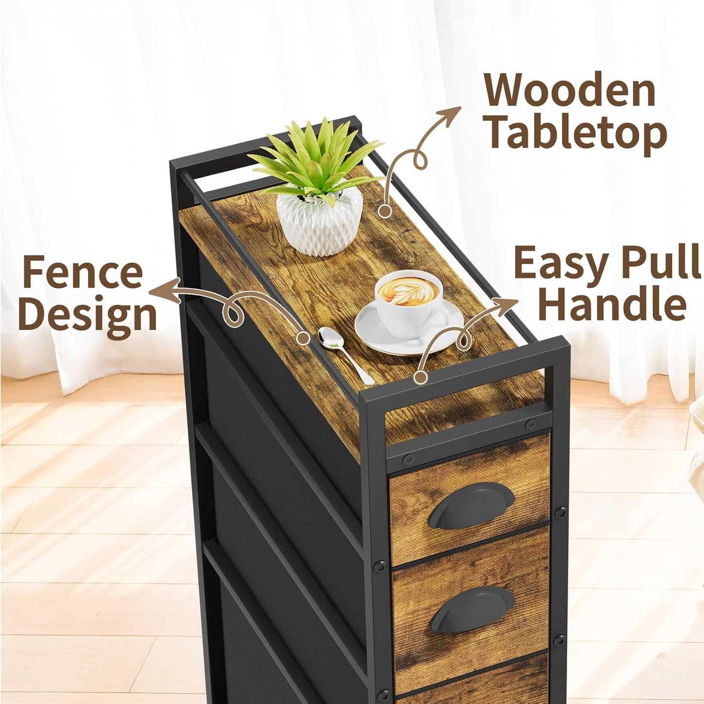 LASZOLA 4 Drawer Narrow Dresser Slim Cabinet Skinny Storage Tower Chest, Ideal for Small Spaces Bathroom Bedroom, Between Washer and Dryer, Lightweight Mobile on Wheels, Sturdy Fabric Drawers, Brown