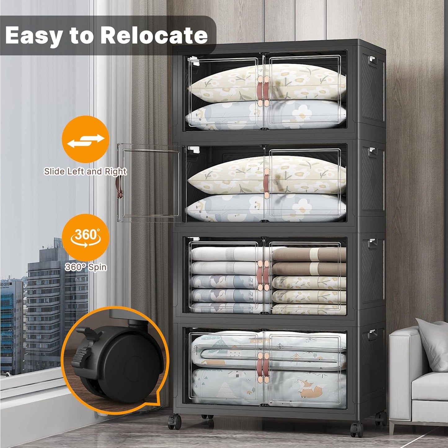 Extra Large Stackable Storage Bins with Lids & Wheels & Door, 640QT-160QT/40GAL*4Pack Foldable Collapsible Closet Organizers, Plastic containers drawers for bedroom Dorm