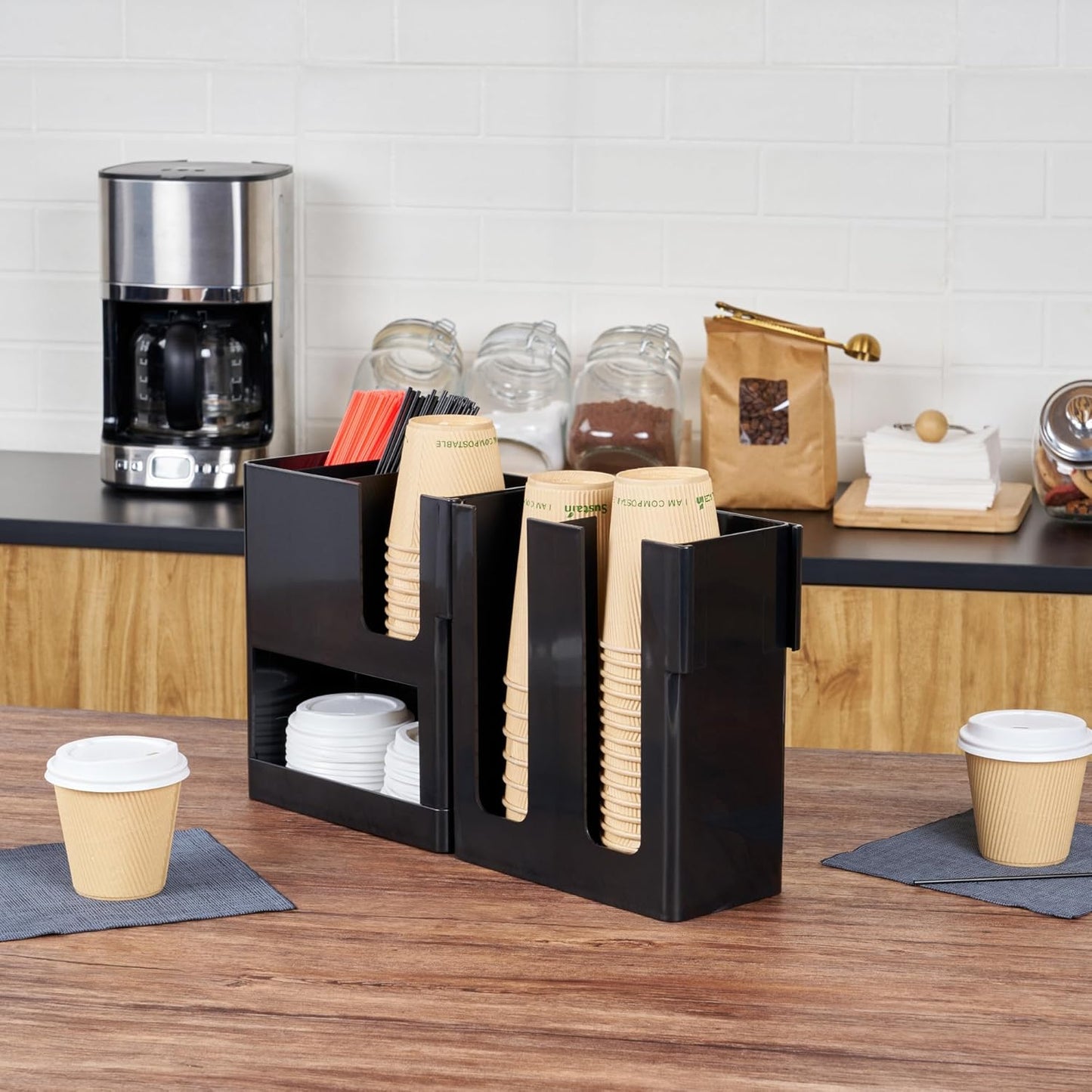 Restaurantware Restpresso Coffee Bar Organizer, 1 Count Durable 6 Compartments, Compact Size, Black Plastic Tabletop Coffee Supplies Organizer For Homes, Office Spaces, Breakrooms, and Lounges