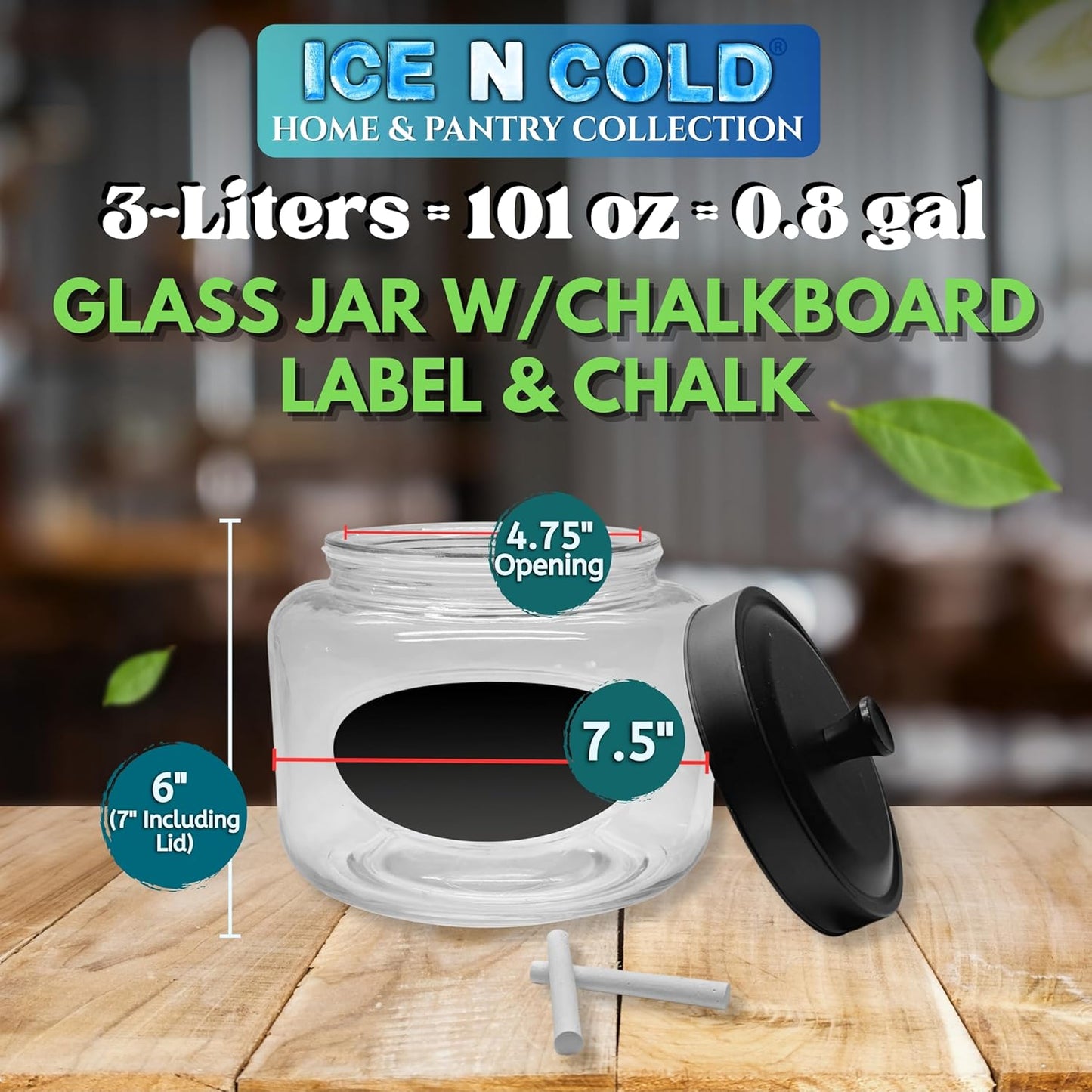 Kitchen and Laundry Storage Glass Jar – Wide Mouth Round Glass Storage Container with Black Steel Lid and Chalkboard Label - 2 Sticks of Chalk Included (1, 3L | 101oz | 0.8 Gallon)