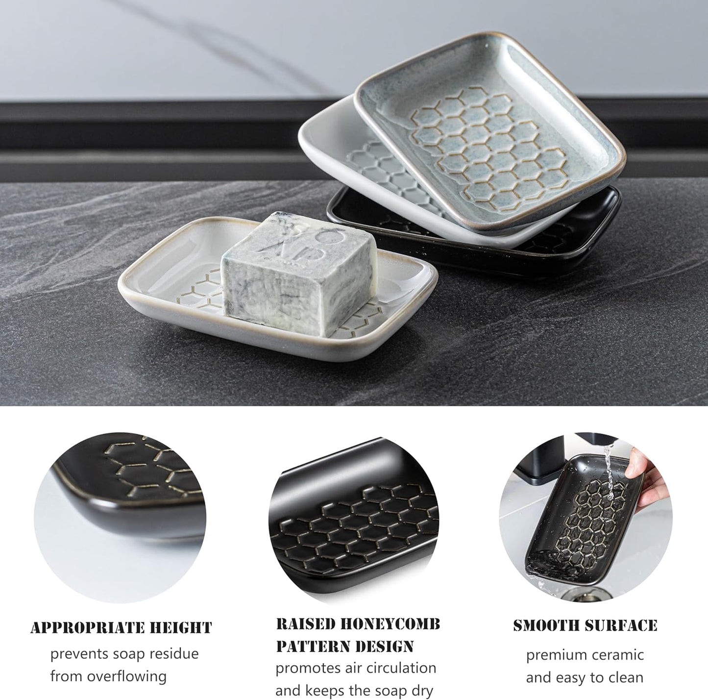 Gomakren Soap Dish for Shower, Bar Soap Holder, Ceramic Soap Dishes for Bar Soap, Christmas Sponge Holder Soap Saver Soap Tray for Bathroom Kitchen Sink, 5.5 Inch, Black