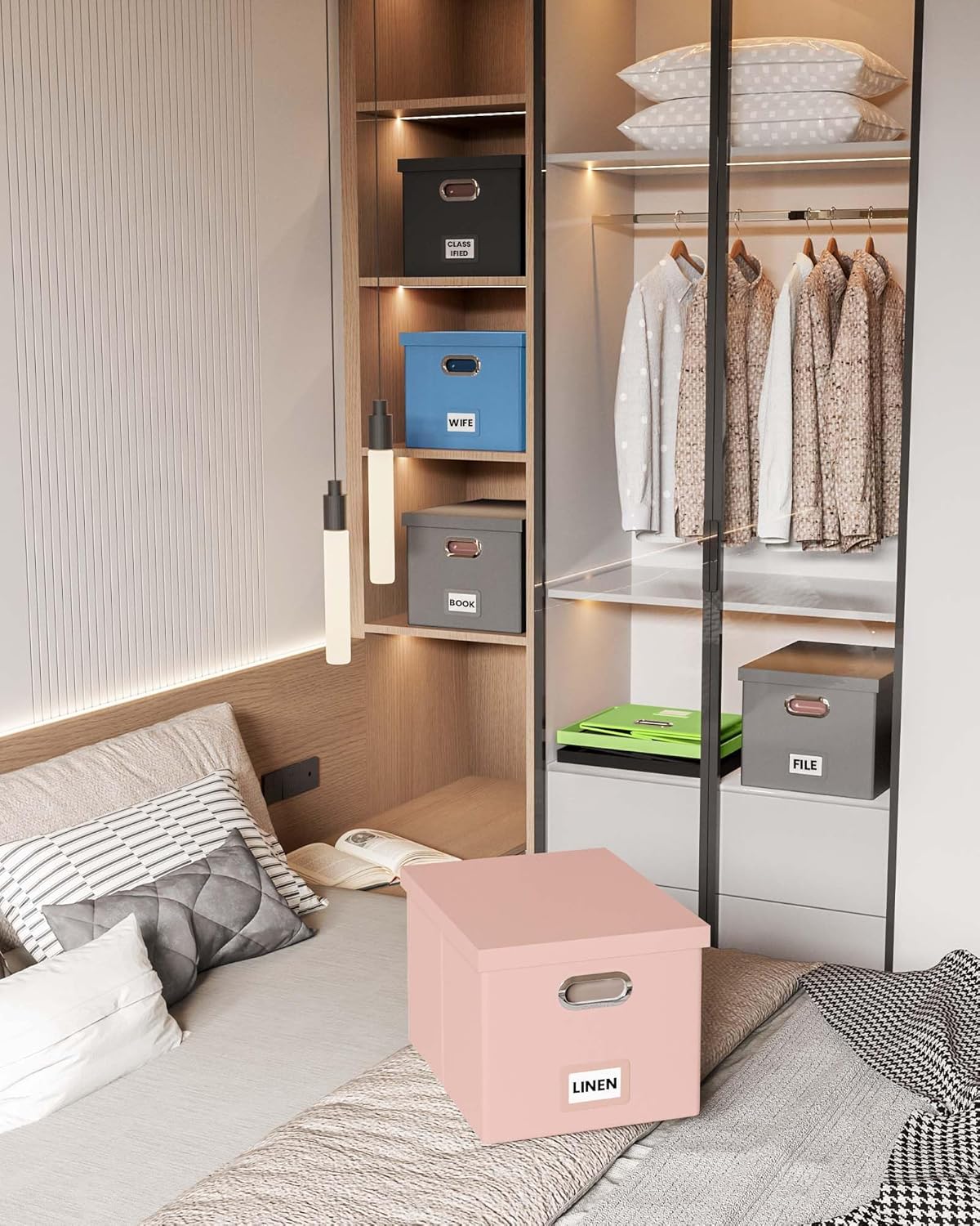 Oterri File Organizer Box with Lid, Portable Hanging File Box for Letter/Legal Files, Office/Decor/Home, Cream-pink (Leather), 1 Pack