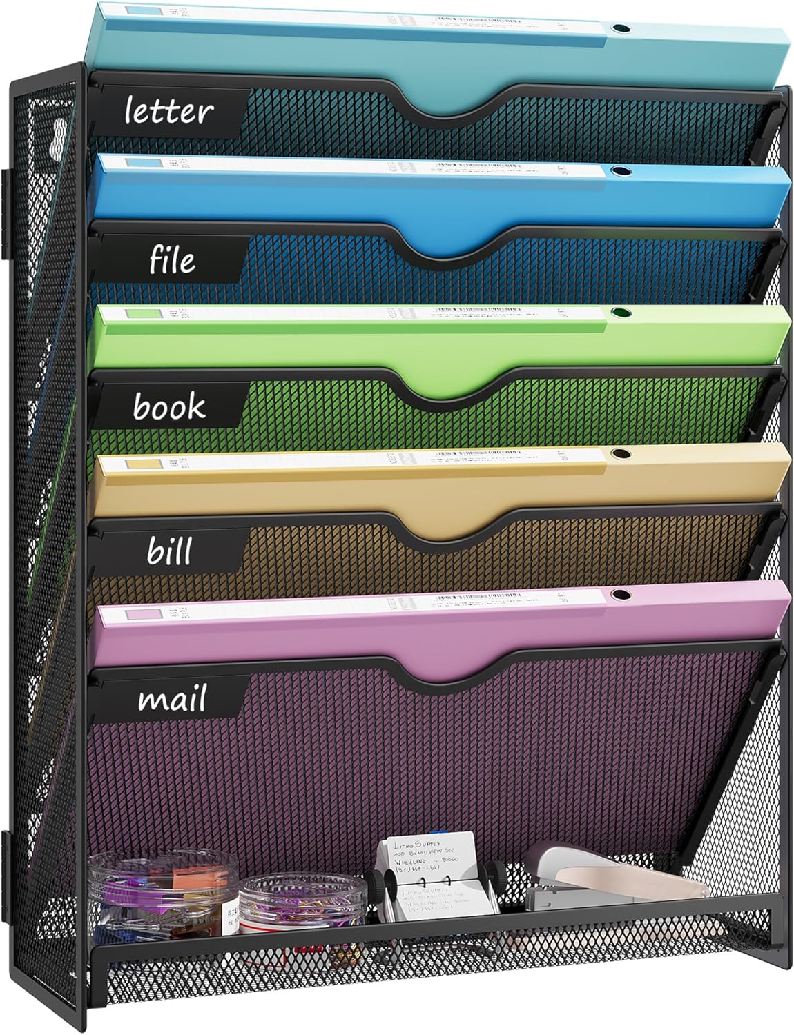 Hanging Wall File Organizer for Wall Mounted Mail Paper Folder Holder Document Organization Stand Desk File Organizer Tray for Office & Home Cubicle Countertop 6 Tier Black