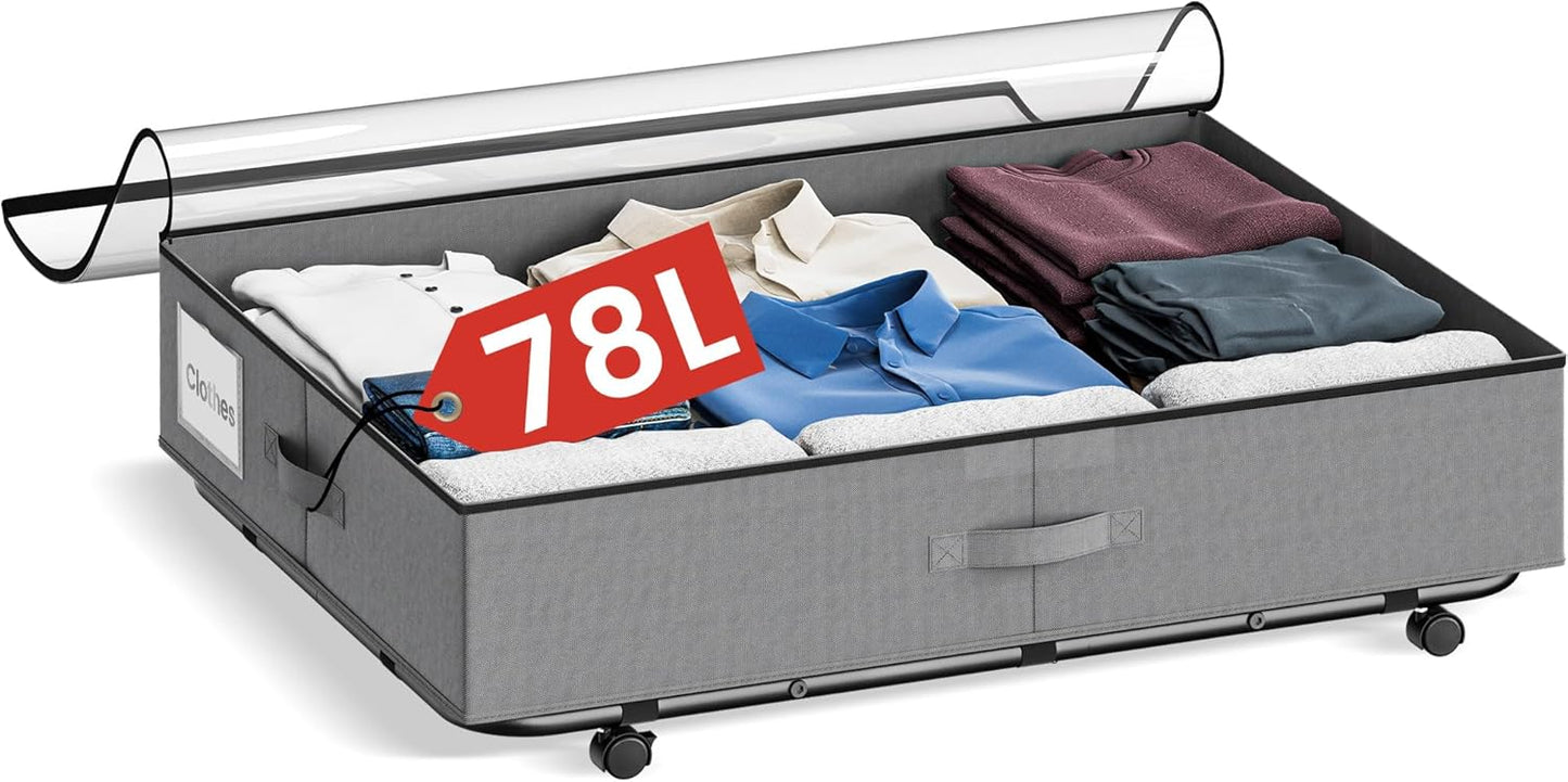 XXXL 78L Under Bed Storage with Wheels, Rolling Storage Containers with Support & Clear Lid, Heavy-Duty Metal Frame, Easy Pull-out, Underbed Storage Bins for Clothes, Shoes, Blankets, and Toys 1-Pack