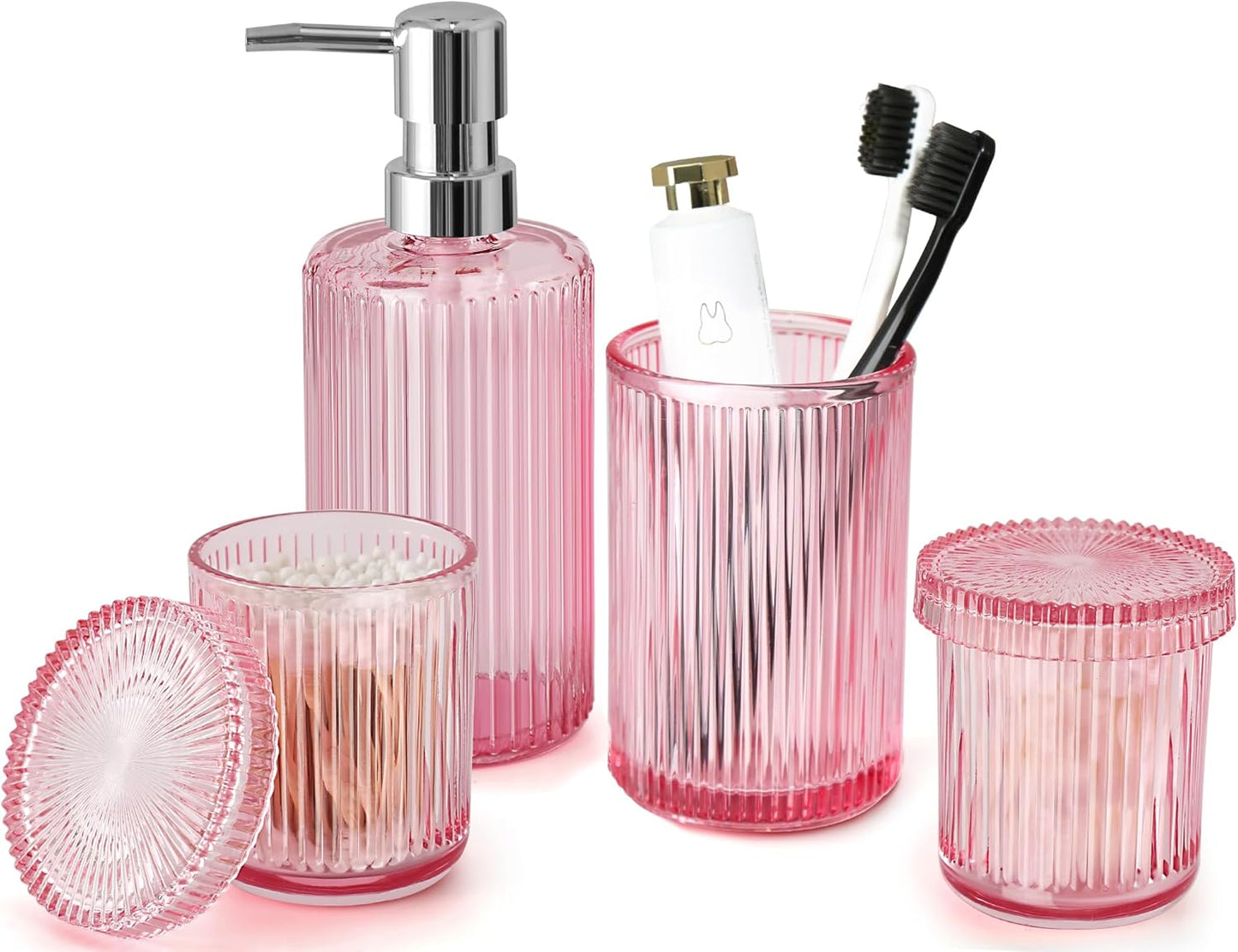 Pink Bathroom Accessories Set, 4 Pcs Glass Bathroom Accessory Set, Pink Soap Dispenser and Toothbrush Holder Set, Qtip Holder Set, Vintage Bathroom Sink Set, Cute Bathroom Decor