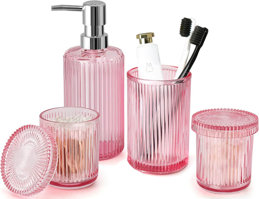 Pink Bathroom Accessories Set, 4 Pcs Glass Bathroom Accessory Set, Pink Soap Dispenser and Toothbrush Holder Set, Qtip Holder Set, Vintage Bathroom Sink Set, Cute Bathroom Decor