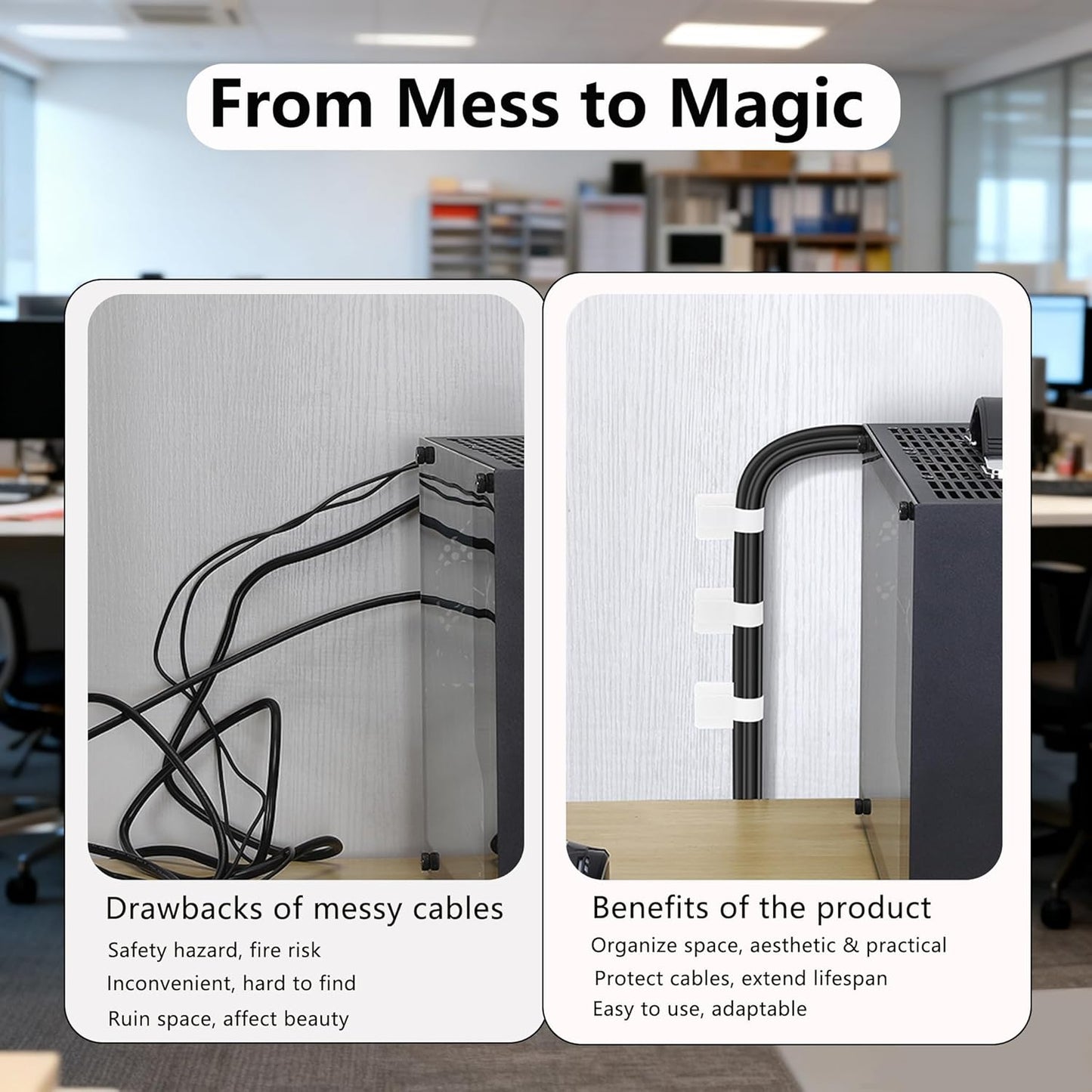 Under Desk Cable Management, Wire Organizers for Cords - Upgrade 48 PCS Sticky Back Self Adhesive Cable Ties, Hook and Loop Straps for Home or Office Use