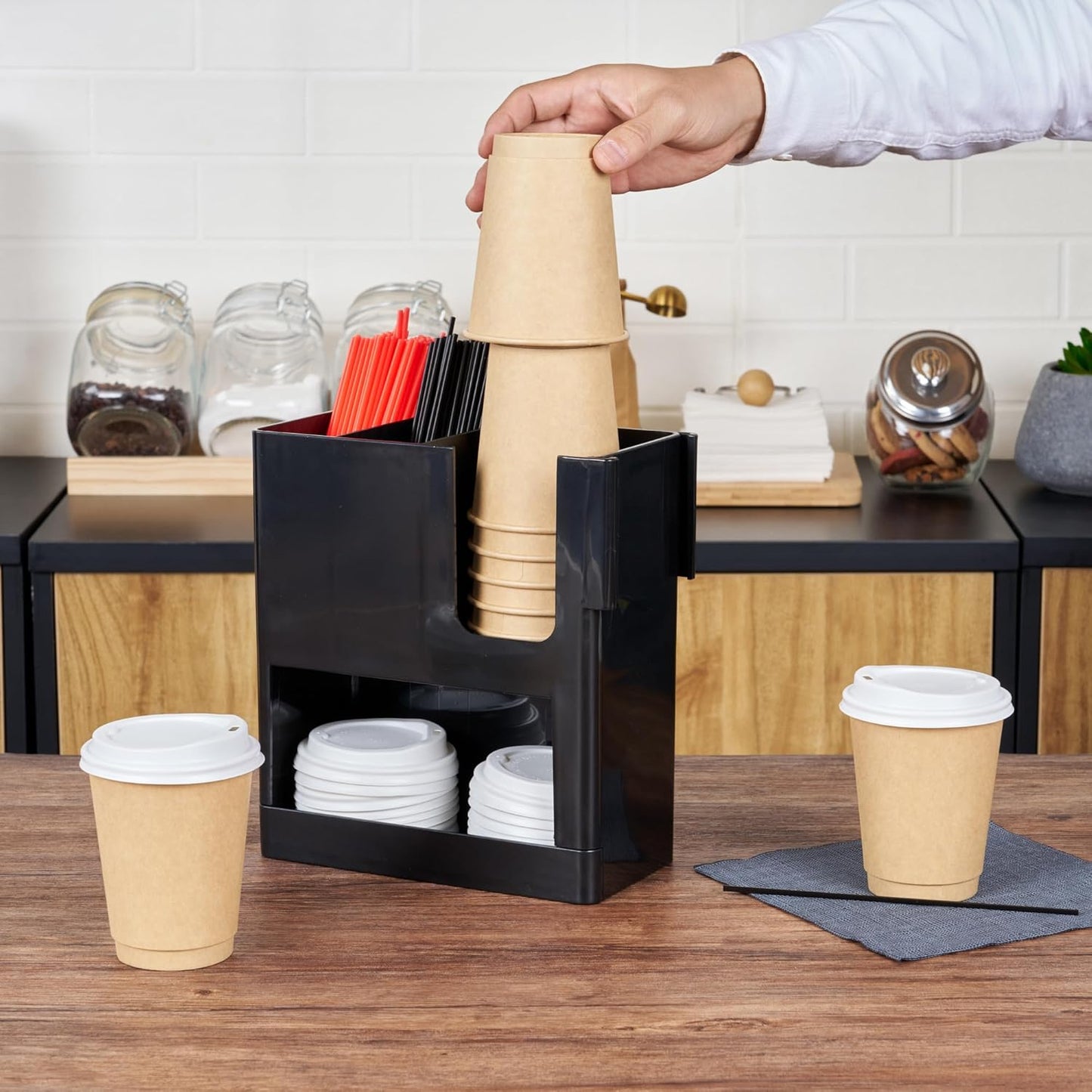 Restaurantware Restpresso Coffee Bar Organizer, 1 Count Durable 4 Compartments, Compact Size, Black Plastic Tabletop Coffee Supplies Organizer For Homes, Office Spaces, Breakrooms, and Lounges