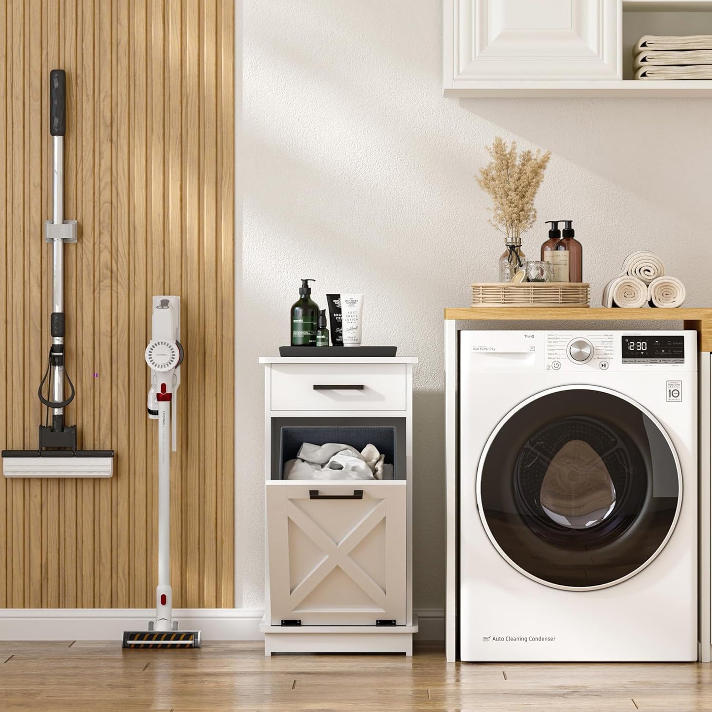 White Tilt Out Laundry Hamper Cabinet Hidden Laundry Hamper with Drawers and Baskets for Bathroom Hamper Cabinet with Storage for Kitchen Living Room,16x16x30in（Barn door panel）