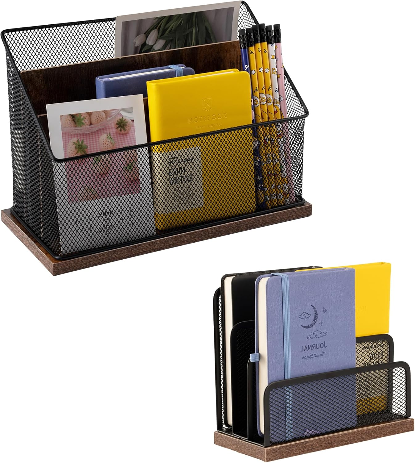 3-Tier Vertical File Storage with Retro Wooden Desk Mail Organizer and Metal Mesh Desktop Organizer for Home Office
