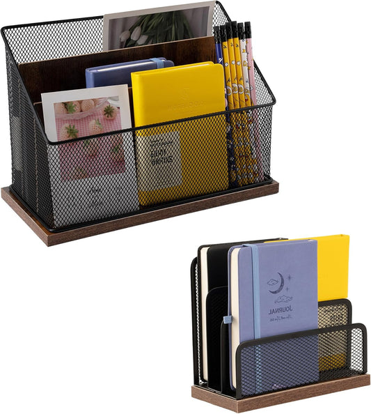 3-Tier Vertical File Storage with Retro Wooden Desk Mail Organizer and Metal Mesh Desktop Organizer for Home Office
