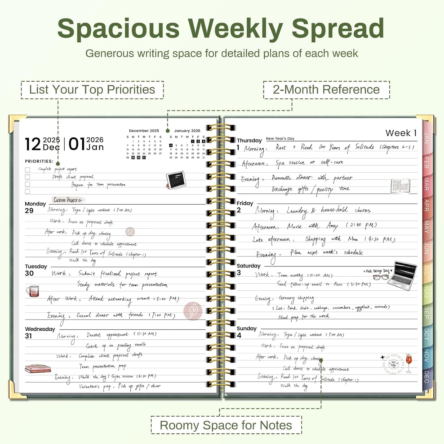 2026 Planner Hardcover Weekly & Monthly Calendar Planner for Women Jan 2026 - Dec 2026 8.5" x 11" Daily Agenda Book with Tabs Spiral Bound Inner Pocket Perfect for School Office, Green(Rose)