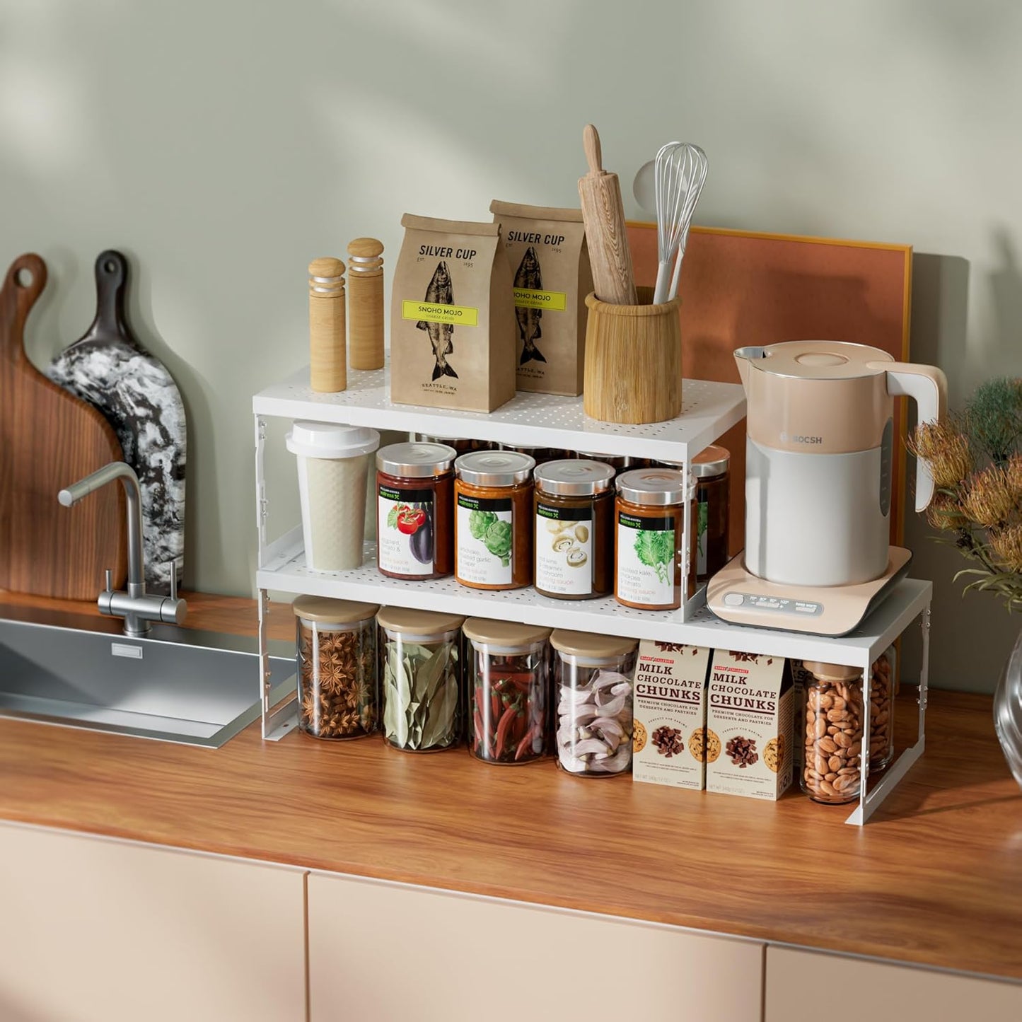 Adjustable Stackable Metal Storage Shelf Organizer - Expandable Wire Rack with Perforations for Kitchen, Pantry, Bathroom, Cabinet & Office-Compact, Durable & Sturdy (3PACKS/Large/White)