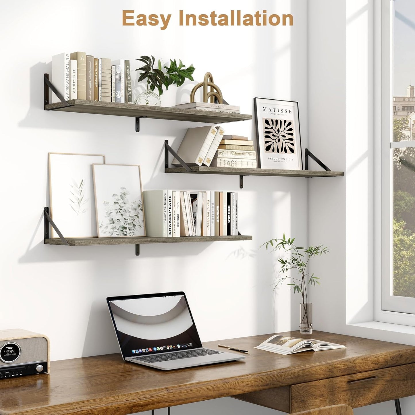 Fun Memories Floating Shelves for Wall, 36 Inches Long Set of 3 Wall Shelves for Bedroom, Floating Bookshelves with Metal Brackets for Living Room, Kitchen, Bedroom and Laundry Room (Grey)