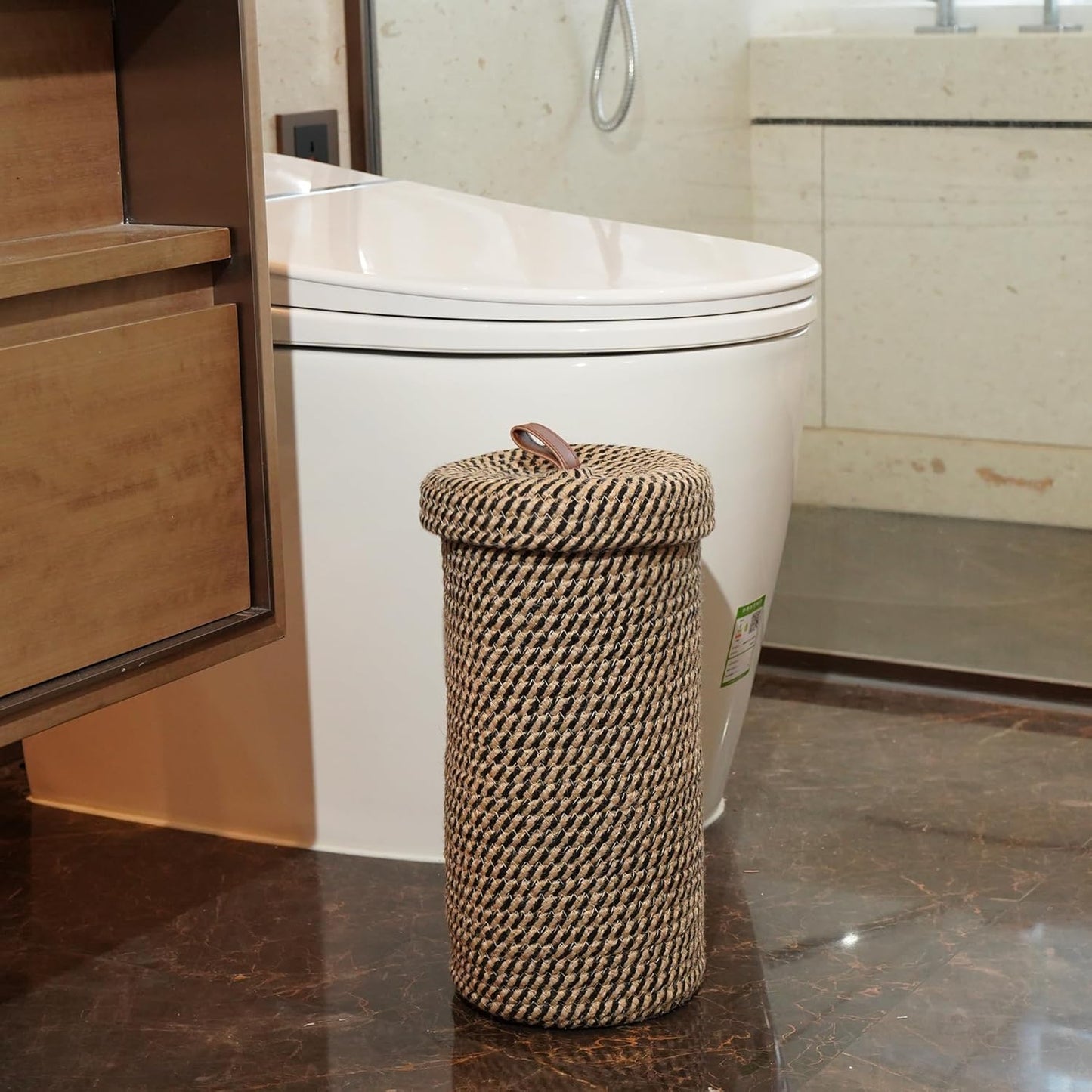 Handmade Cotton & Jute Toilet Paper Holder – Woven Toilet Paper Stand & Storage Basket with Lid, Freestanding Organizer for Bathroom, Fits 3 Rolls