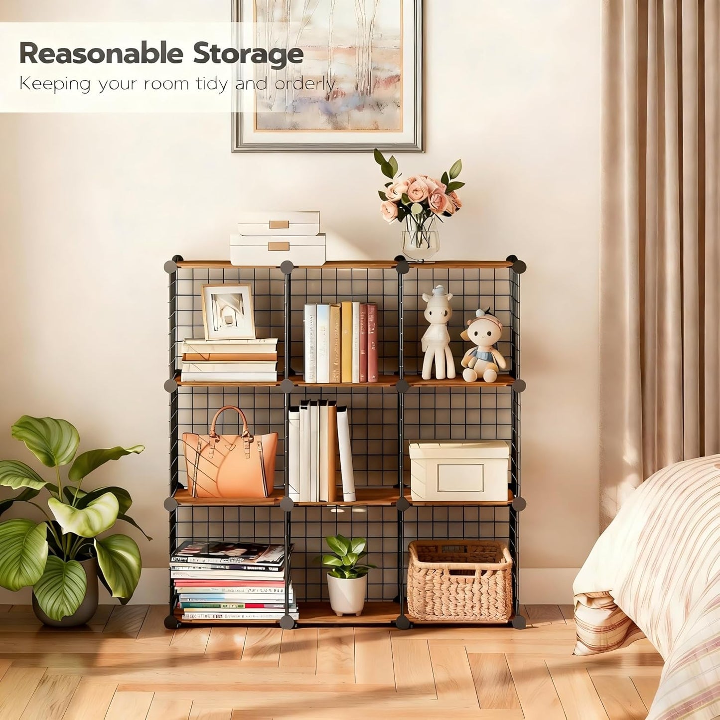 HOOBRO Cube Storage Organizer, Wire Cube Storage, 9-Cube Metal Grid Storage Shelf, Modular Cabinet, DIY Cube Storage Organizer, for Living Room, Bedroom, Study, Rustic Brown and Black BF09CW01