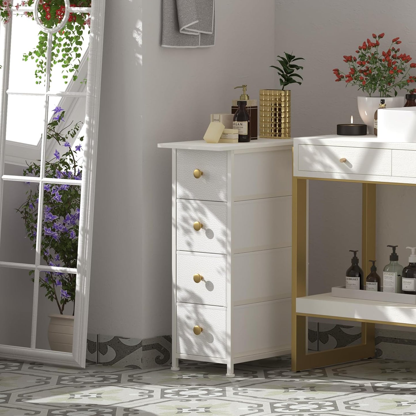 GiftGo Narrow Dresser Cabinet Vertical Slim Dresser Chest of Drawers Skinny Storage Tower for Small Spaces Gaps Closet Bedroom Bathroom Small Fabric Drawer Unit (White, 4 Drawers)