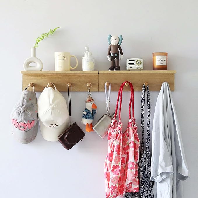 Entryway Coat Rack Hooks with Shelf, Sturdy Wooden Floating WallOrganizer Shelf with 4 Hooks siutable for Entrance, Mudroom, Kitchen, Bathroom,.etc(2pc-Oak Finish)