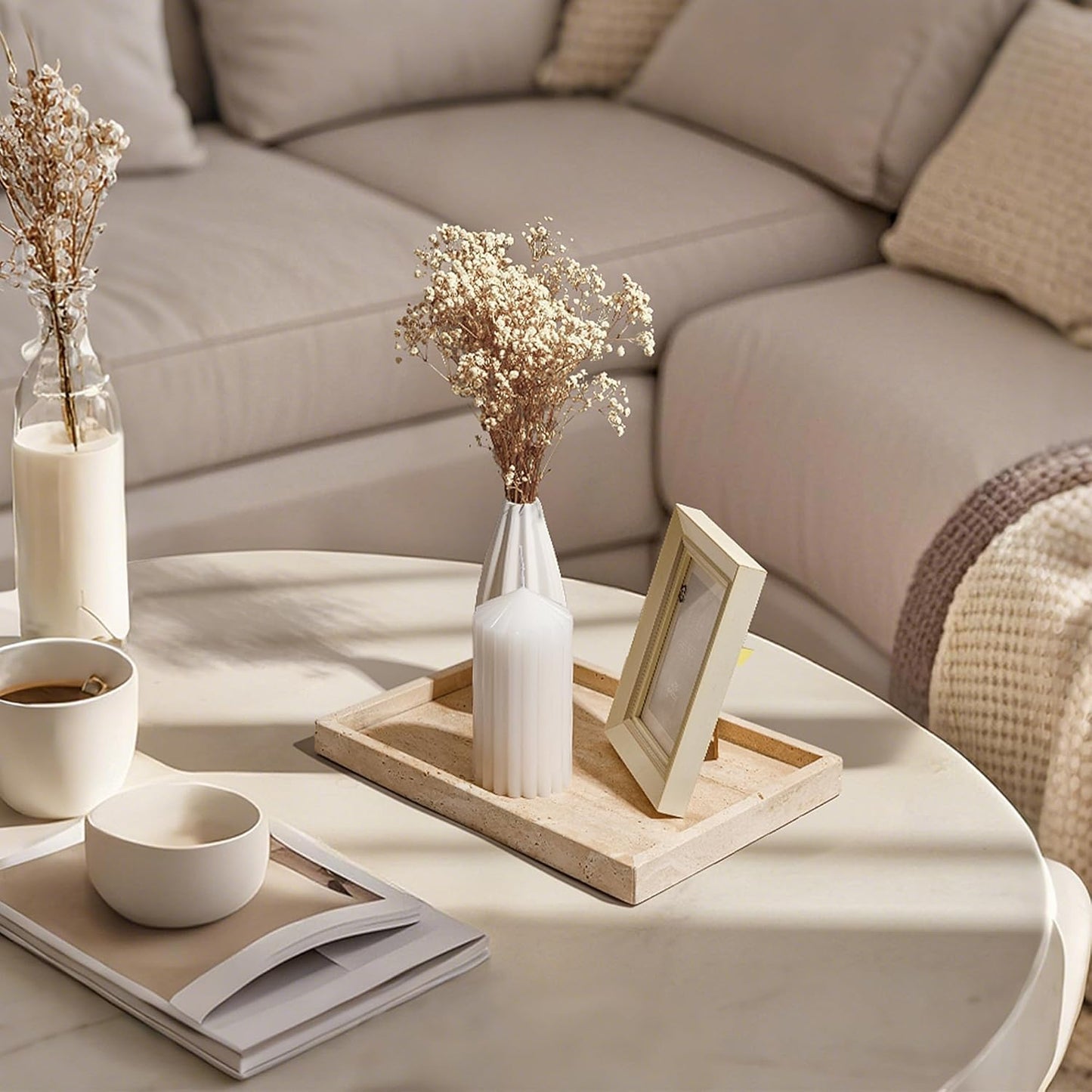 WORHE Vanity Tray Italy Travertine Stone for Jewelry, Perfume, Makeup, Candle Large Natural Marble Decorative Trays for Bathroom Dresser Rectangle Kitchen Storage Organizer for Home Decor Beige(WH021)