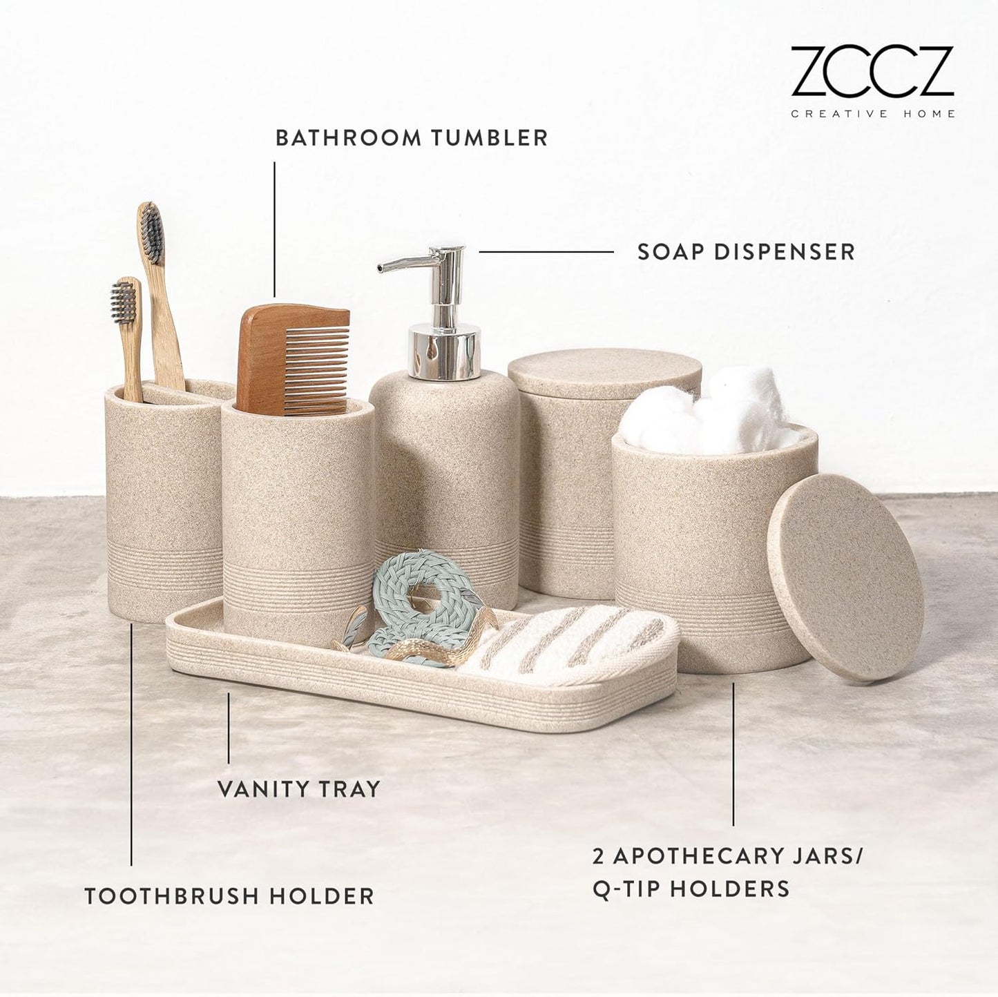 ZCCZ Beige Bathroom Accessories Set 6 Pieces - Toothbrush Holder, Lotion Dispenser, Qtip Container, Vanity Tray, Tumbler - Countertop Organizer for Bathrooms - Elegant and Functional Décor Set