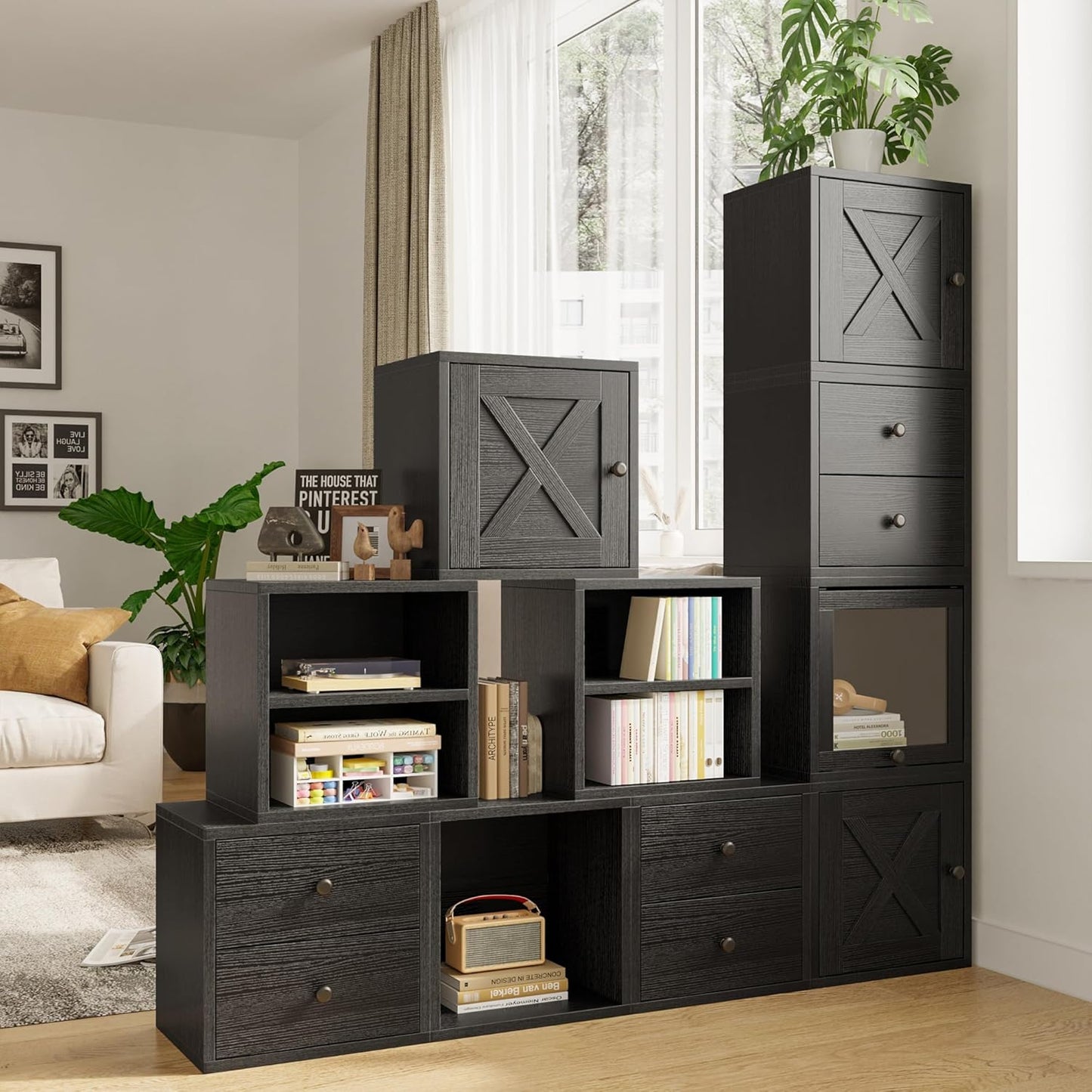 FUSUNBAO Magic DIY Cube Storage Organizer Stackable Cubes for Home Books Clothes Toy-Modular Cubby Storage System-Office Cubical-Bookcase Closet(Black, Glass Door Cube)