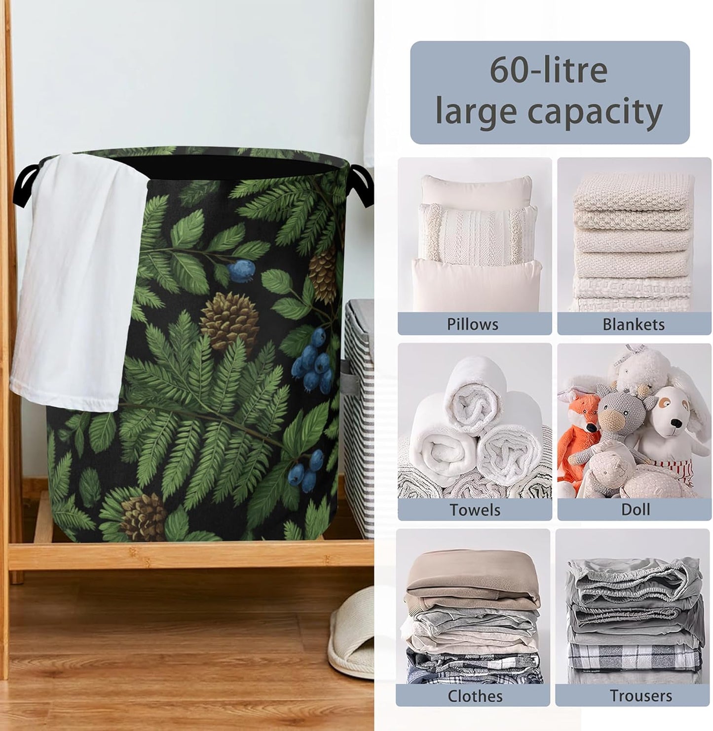 Ferns Blueberry Laundry Basket,Nuts Foldable with Handles Tote Bag Oxford Cloth for Bathroom Bedroom Dirty Clothes Storage Bucket 16" x 20.8"
