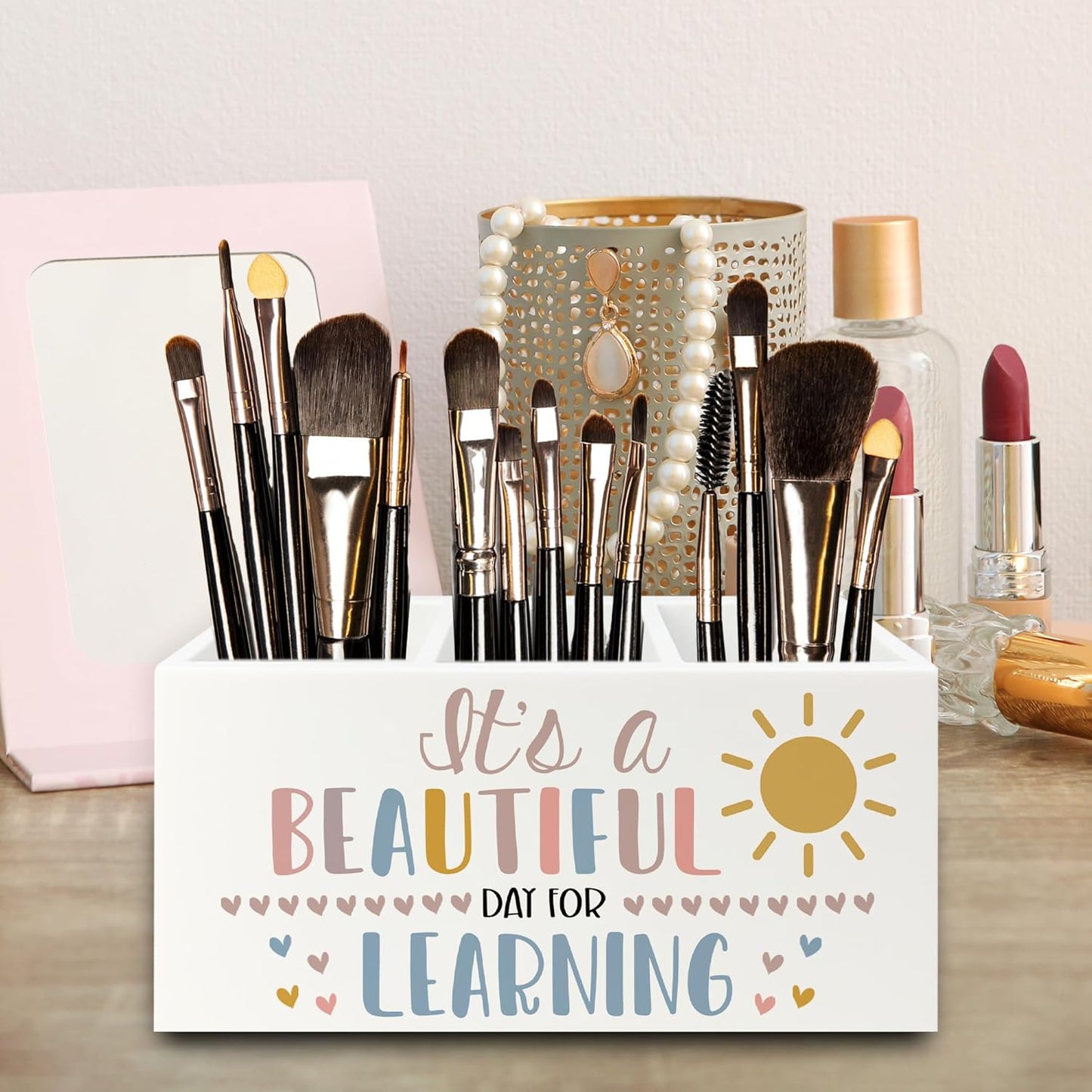 Boho Classroom Pen Pencil Holder Organizer for Desk, It's a Beautiful Day for Learning Wooden Box Signs Decorations for Home Office Desk Tabletop, Boho Classroom Decor