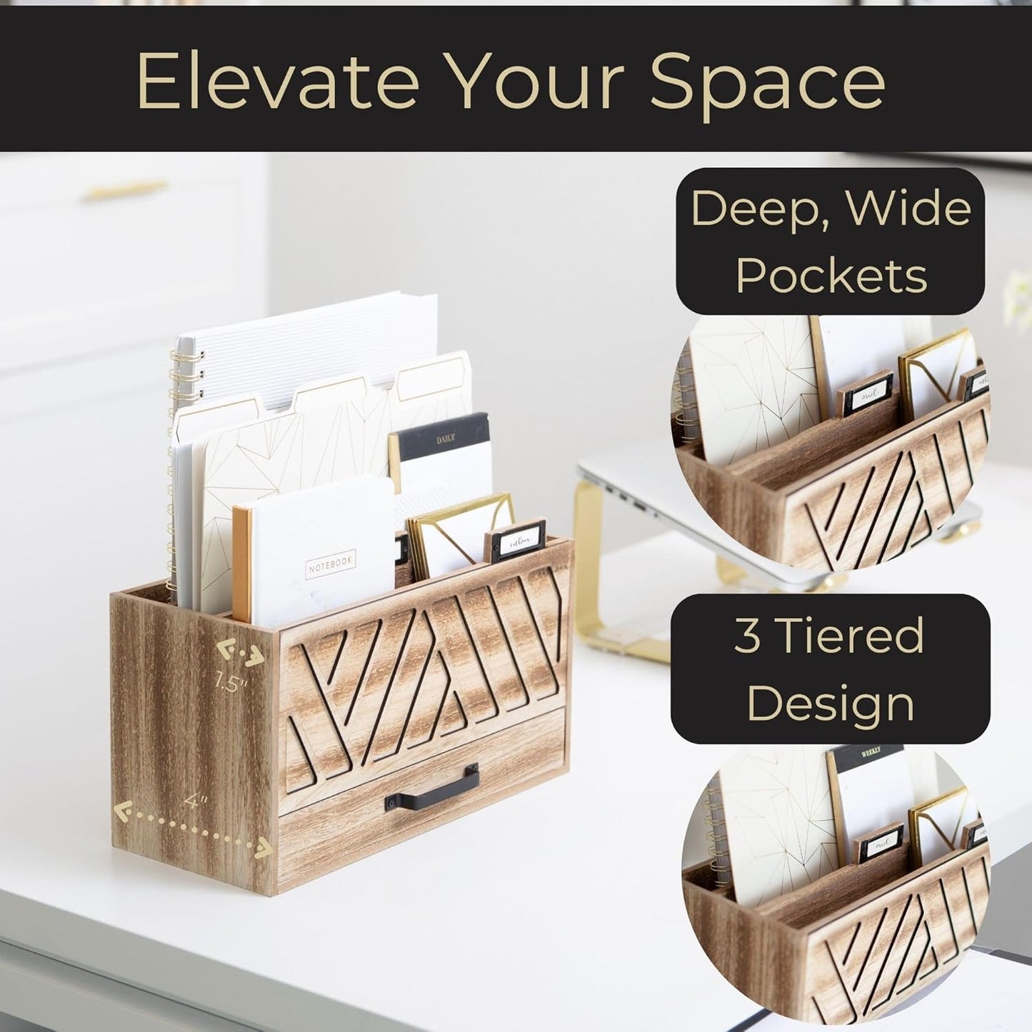 BLU MONACO Natural Wood Desktop Mail Organizer – Three-Tiered with Gold Label Holders and Drawer – Stylish Mail Holder and Countertop Document Storage for Home or Office