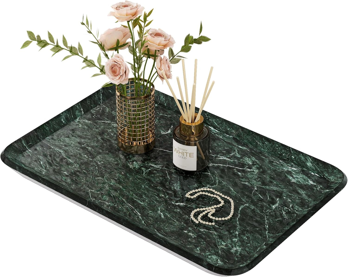 Vanity Decorative Glass Tray,12" x 8" Green Marble Pattern Perfume Tray, Bathroom Tray Countertop Organizer for Soap Towel, Jewelry, Candle