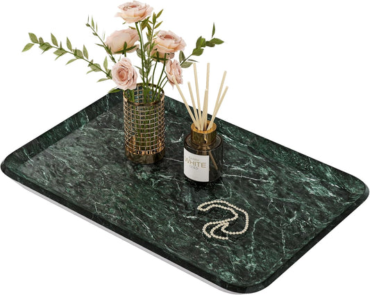 Vanity Decorative Glass Tray,12" x 8" Green Marble Pattern Perfume Tray, Bathroom Tray Countertop Organizer for Soap Towel, Jewelry, Candle