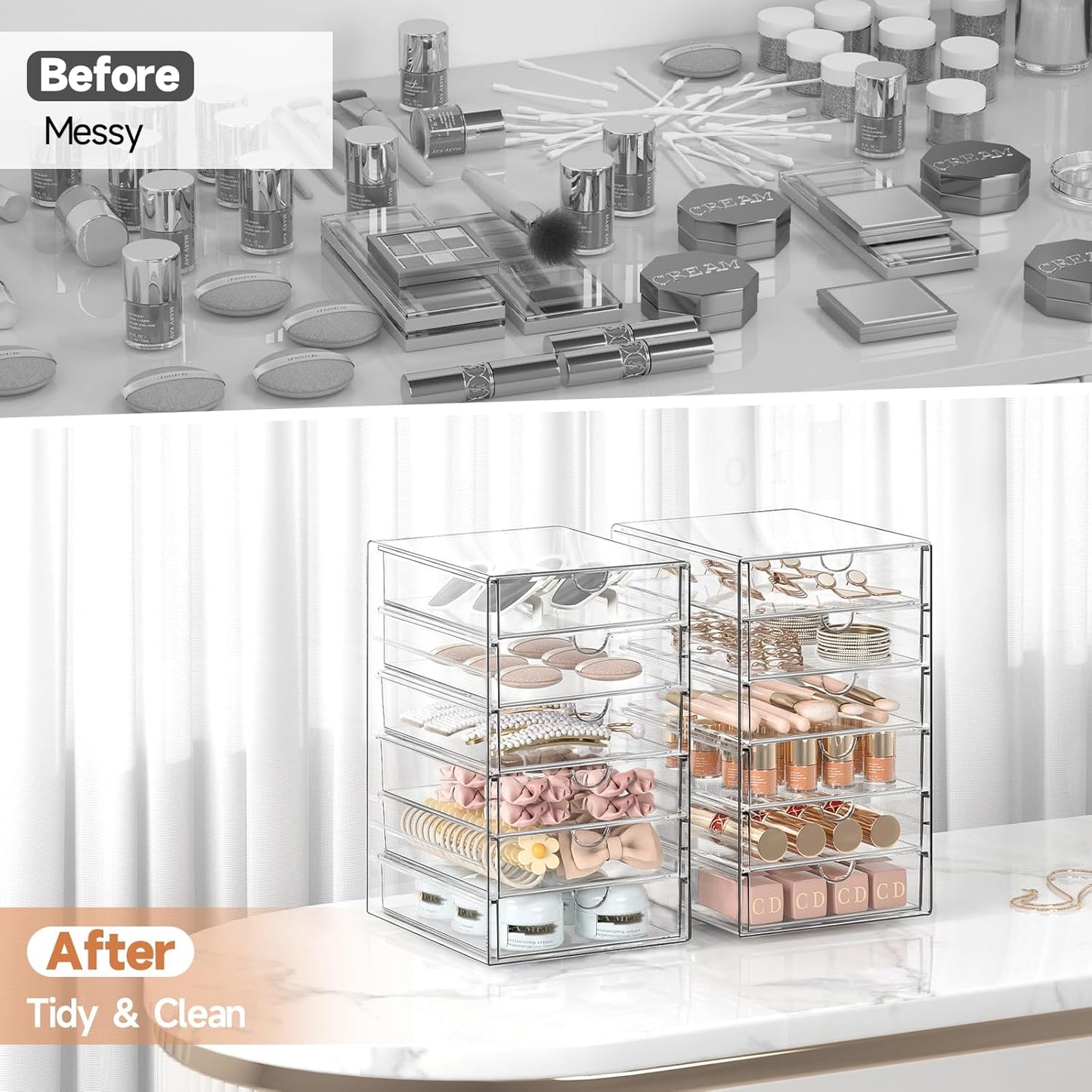 Makeup Drawer Storage Organizer with 24 Drawers, 4 Set Acrylic Office Desk Organization and Storage, Dustproof Drawer Organizer for Makeup, Office, Countertop, Jewelry, Pen, Desktop, Bathroom, Bedroom