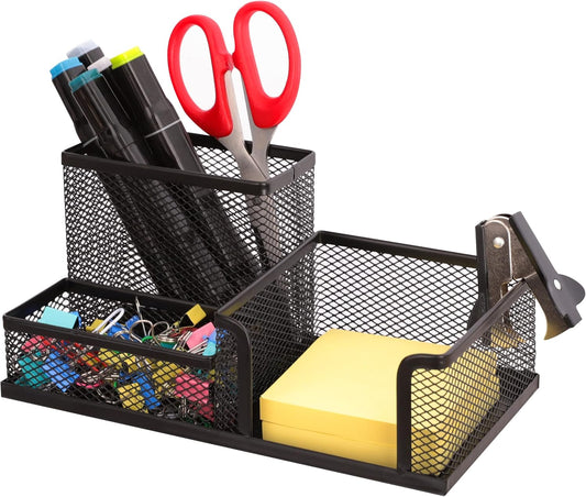 Ludato Desk Organizers Mesh Pencil Holder，3 Compartments Black Mesh Pen Holder Storage for Office Desk Accessories