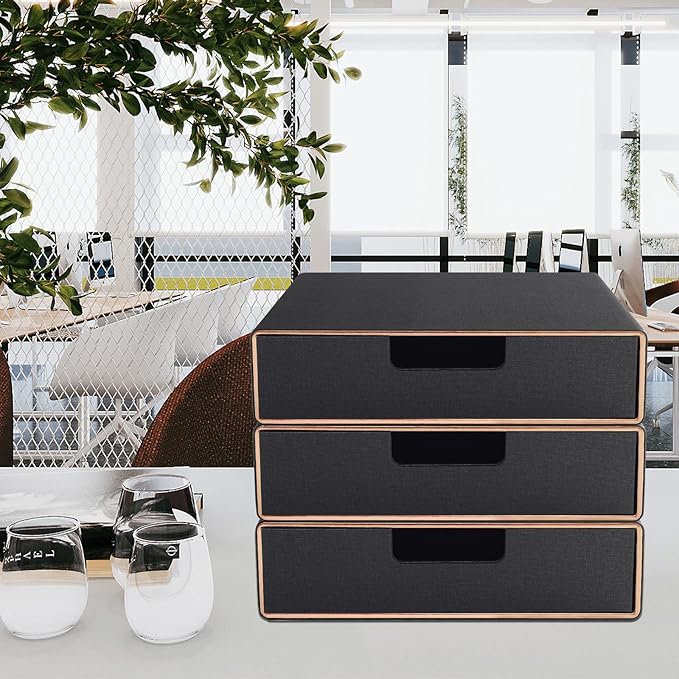 Stackable Organizer Drawer PU Leather Classic Handmade,Organize Home Office Desk Accessories and Sort Letter-Size Paper/a4 Document,Desk Caddy with Drawers Storage Box ,13.1x10x3.7inches,Black
