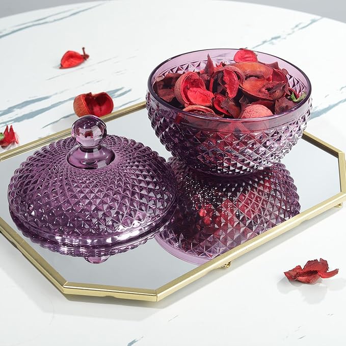 Joeyan 12 oz Small Dark Purple Glass Jars with Lid,Embossed Candy Dishes,Diamond Faceted Food Container,Decorative Jewelry Box Apothecary Canisters,Colored Kitchen Bathroom Buffet Storage Organizer