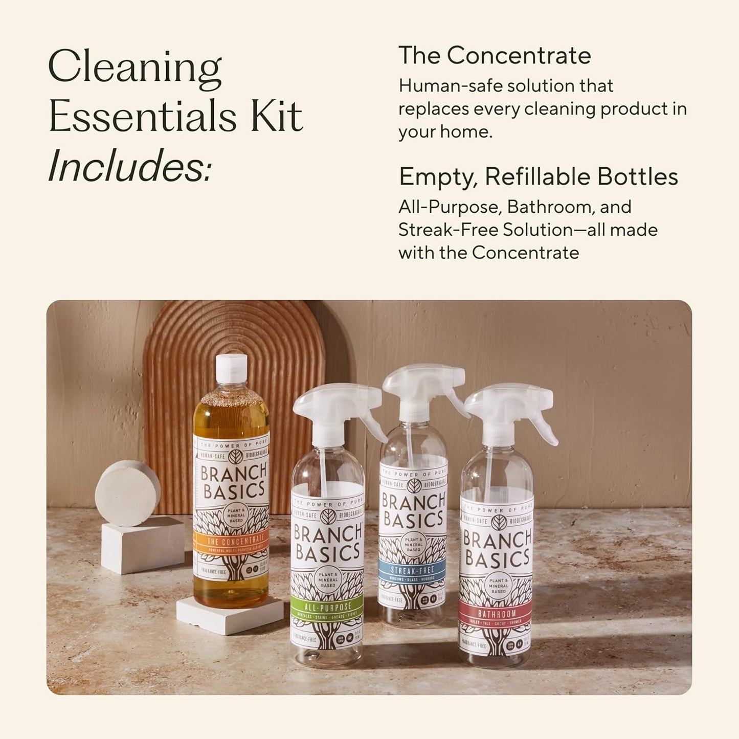Branch Basics Cleaning Essentials Kit: All Purpose, Glass and Bathroom Cleaner - Concentrate (33.8 Oz) (17 Refills) + Refillable Plastic Spray Bottles (24 Oz) Plant Based, Human-Safe, & Fragrance Free